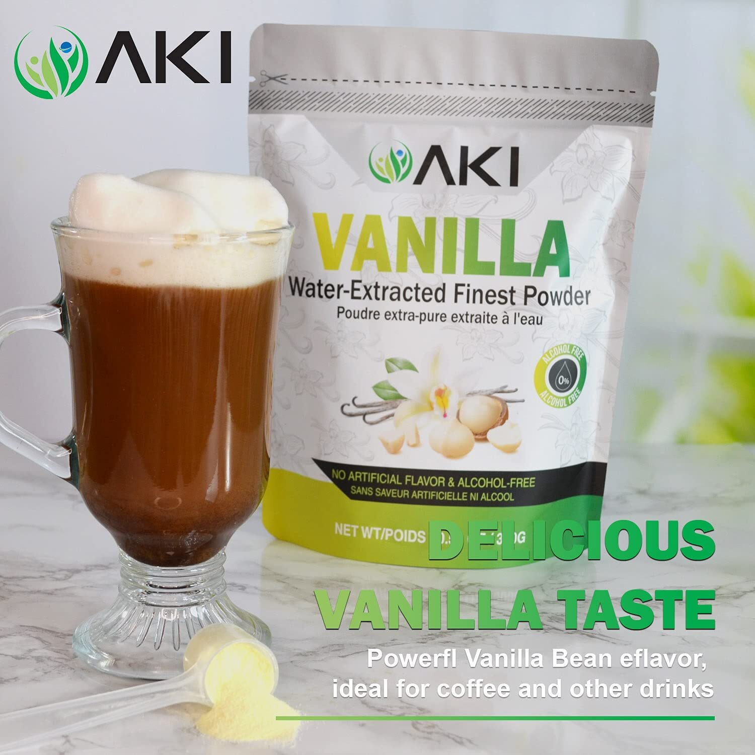 Aki Vanilla Extract Powder From Authentic Beans For Delicious Flavoring, Cooking, Baking, Drinks, Tea, Coffee, Smoothies, Cocktails| Sugar-Free & Alcohol-Free ( 10.58Oz /300Gr )