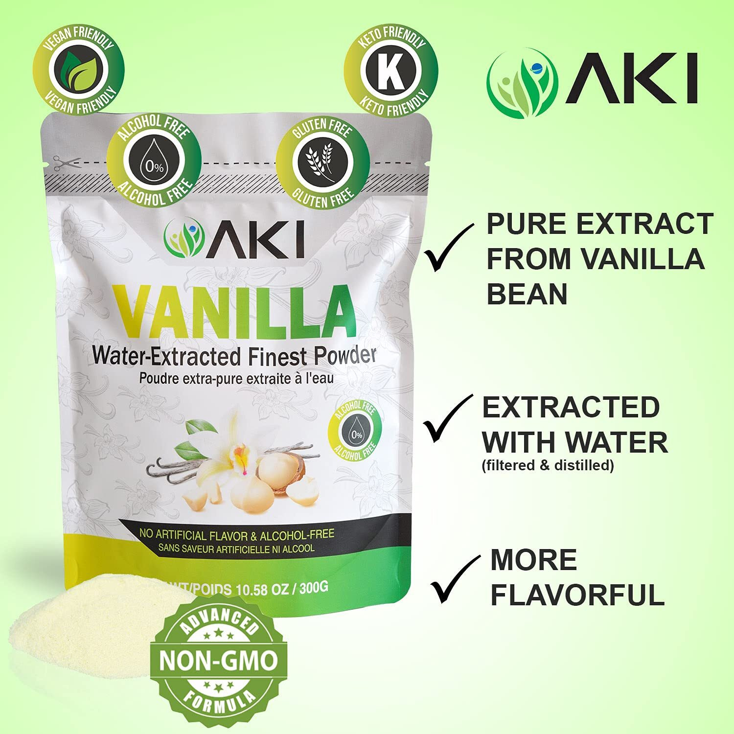 Aki Vanilla Extract Powder From Authentic Beans For Delicious Flavoring, Cooking, Baking, Drinks, Tea, Coffee, Smoothies, Cocktails| Sugar-Free & Alcohol-Free ( 10.58Oz /300Gr )
