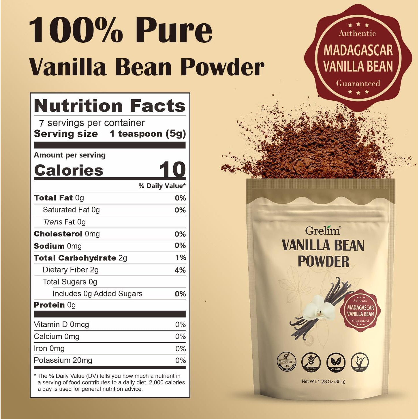 Grelim Vanilla Bean Powder, 100% Pure Ground Madagascar Vanilla Powder,No Fillers Or Additives Great For Baking, Coffee, Smoothies 1.23 Oz (35G)