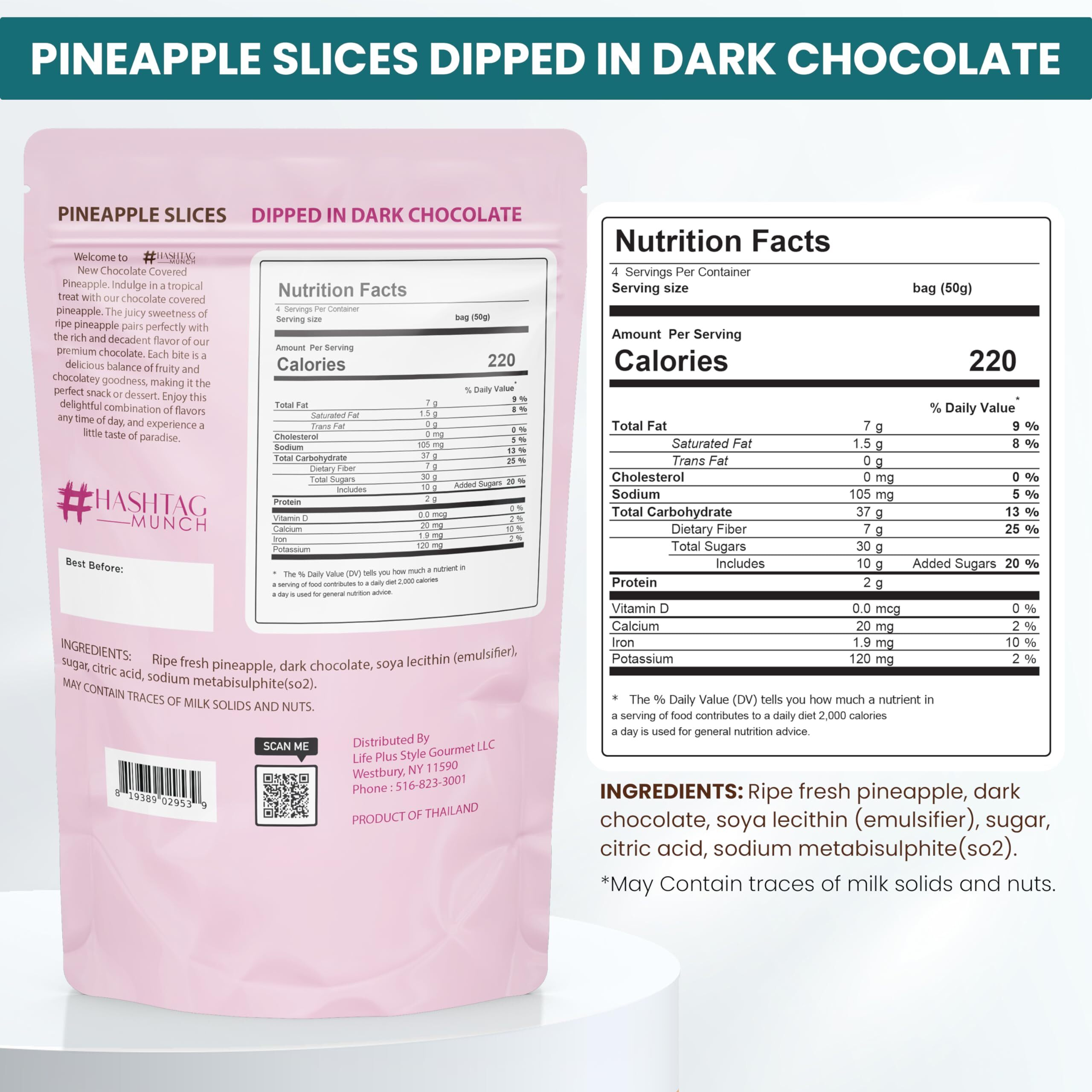 Premium All Natural Real Rich Dark Chocolate Dipped Tropical Pineapple Dried Fruit Slices 7Oz Non Gmo, No Added Colors Healthy Snacks Resealable Bag (1-Pack)