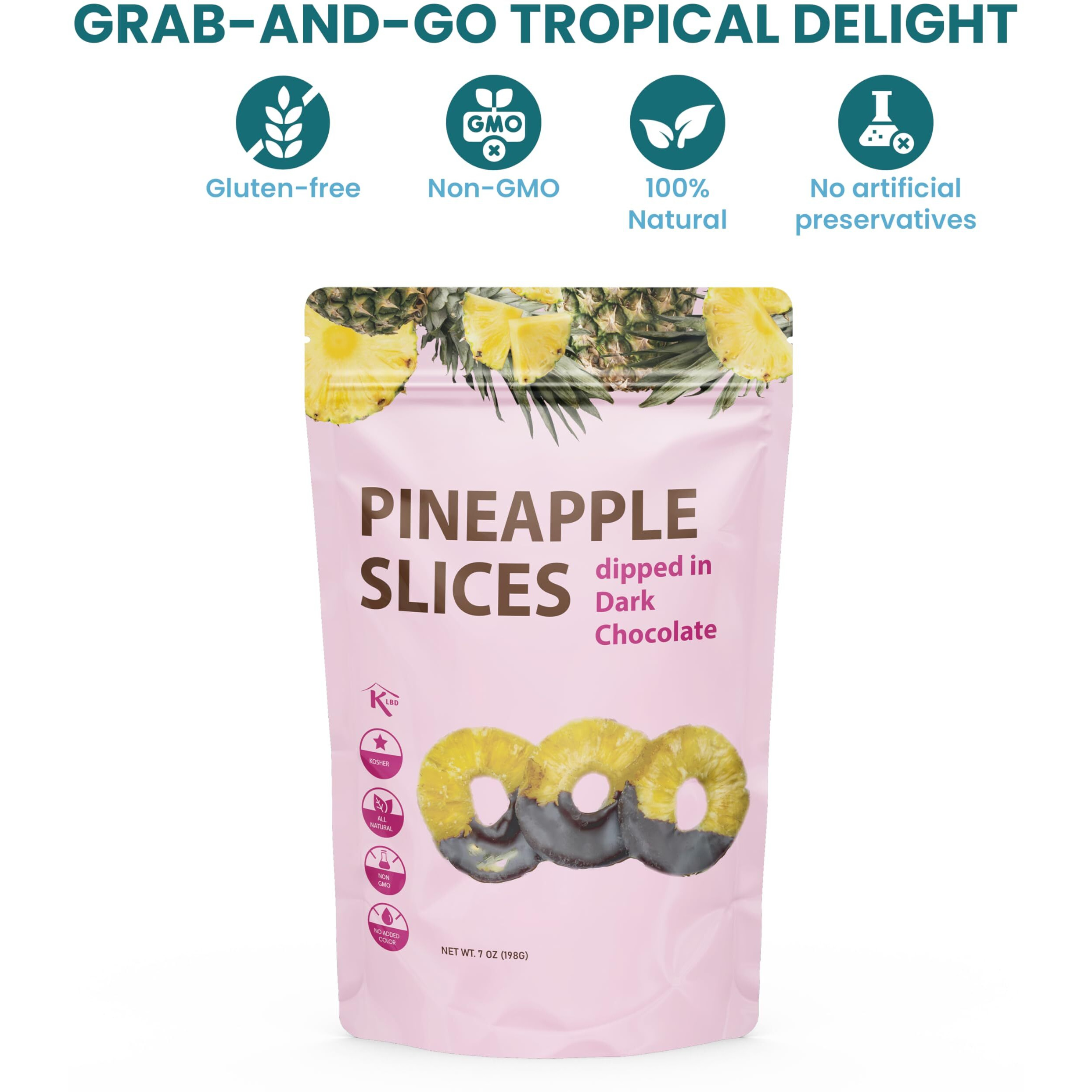 Premium All Natural Real Rich Dark Chocolate Dipped Tropical Pineapple Dried Fruit Slices 7Oz Non Gmo, No Added Colors Healthy Snacks Resealable Bag (1-Pack)