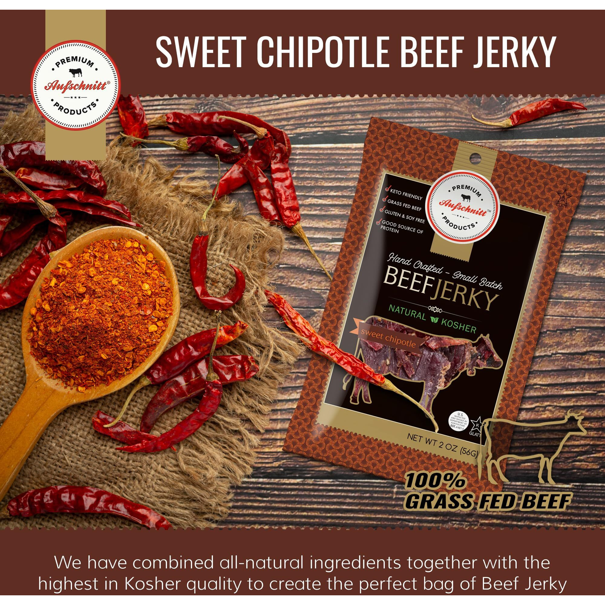 Aufschnitt Grass Fed Beef Jerky - Low Sodium, Certified Kosher - Halal And Keto Friendly - 24 Pack, Sweet Chipotle