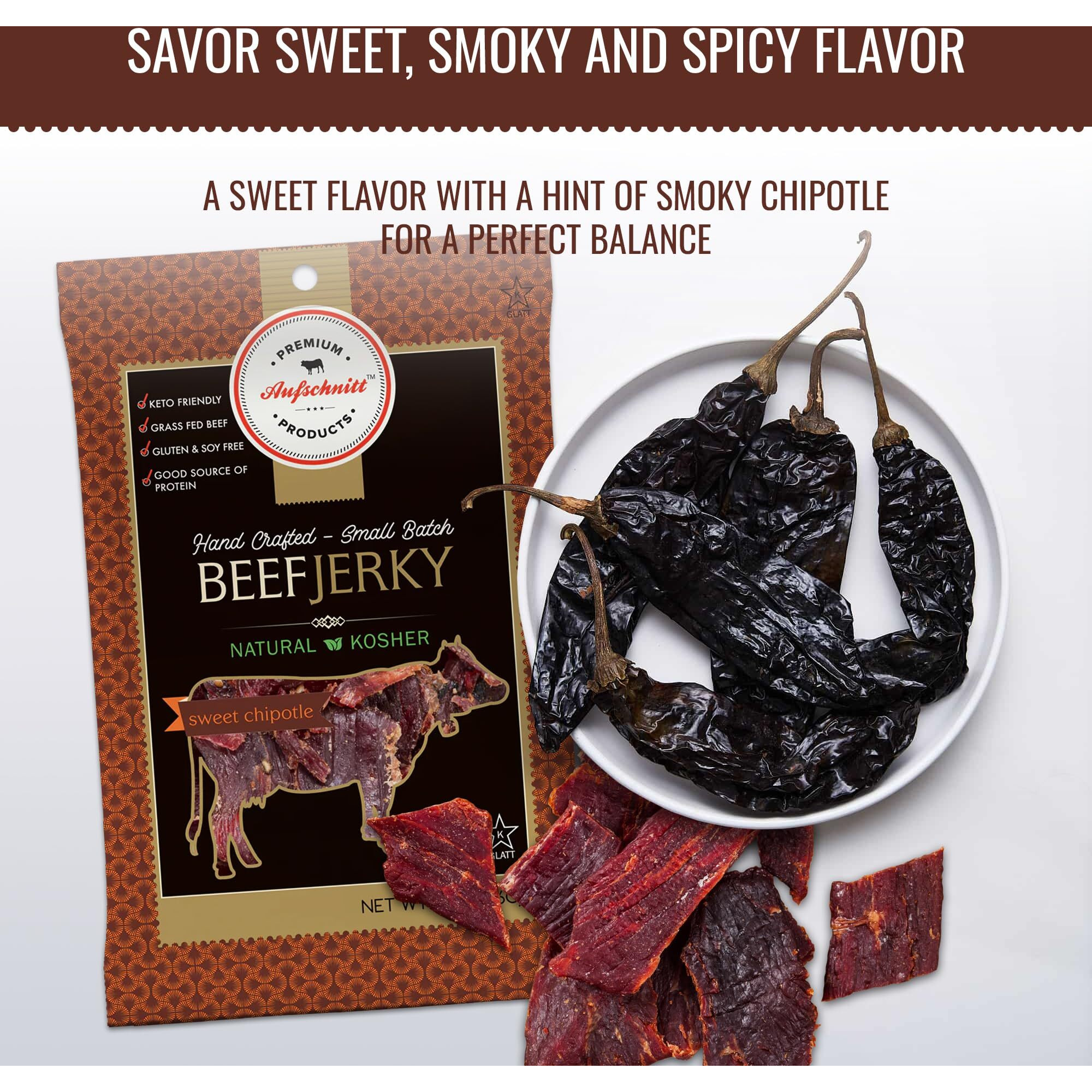 Aufschnitt Grass Fed Beef Jerky - Low Sodium, Certified Kosher - Halal And Keto Friendly - 24 Pack, Sweet Chipotle