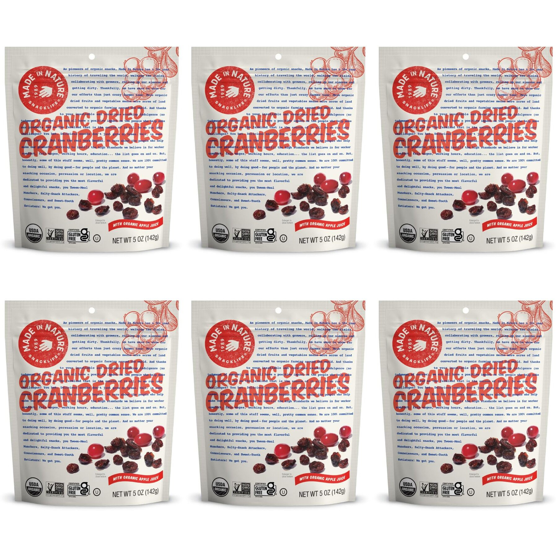 Made In Nature Organic Dried Fruit, Cranberries, 5Oz Bags (6 Count) - Vegan, Non-Gmo, Unsulfured
