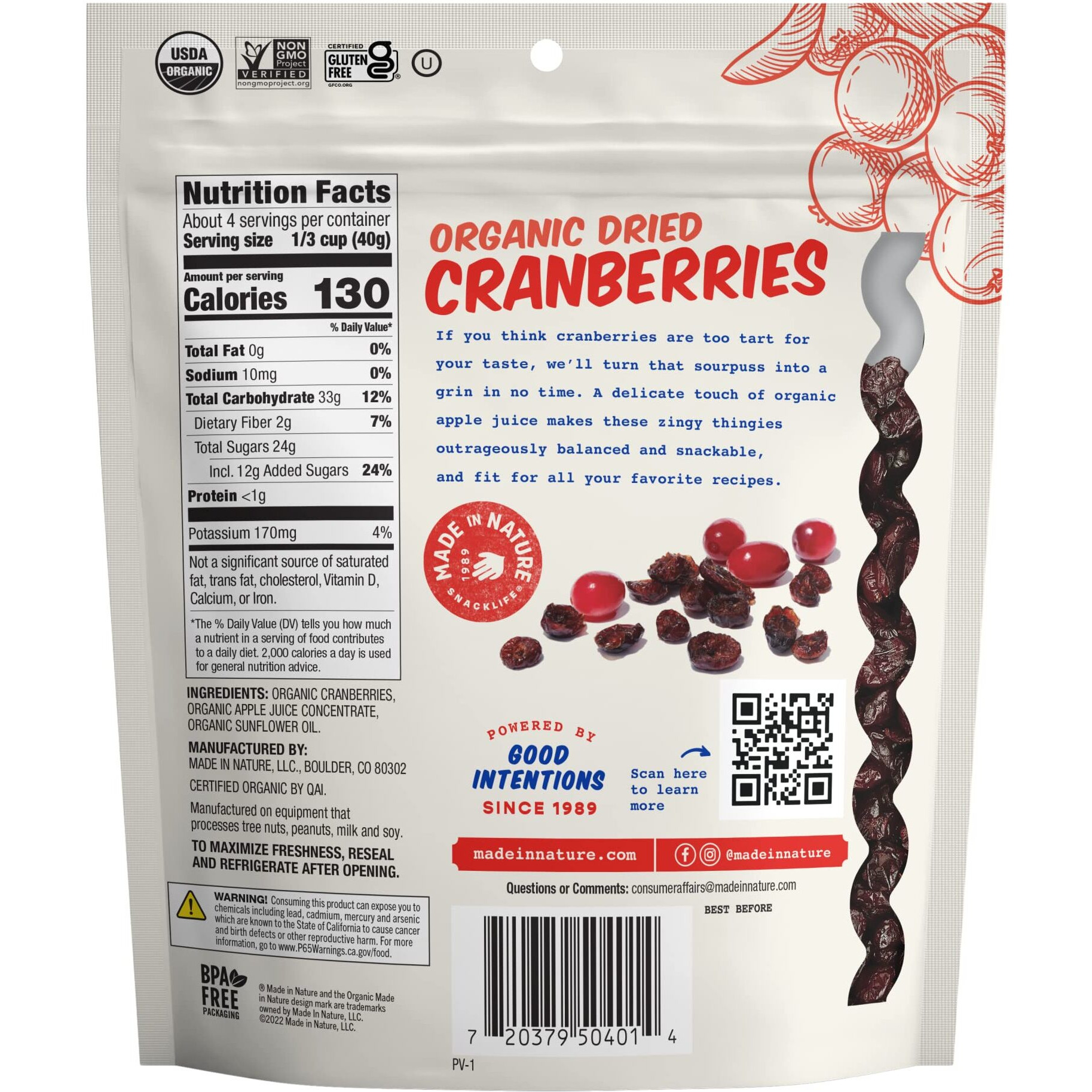 Made In Nature Organic Dried Fruit, Cranberries, 5Oz Bags (6 Count) - Vegan, Non-Gmo, Unsulfured