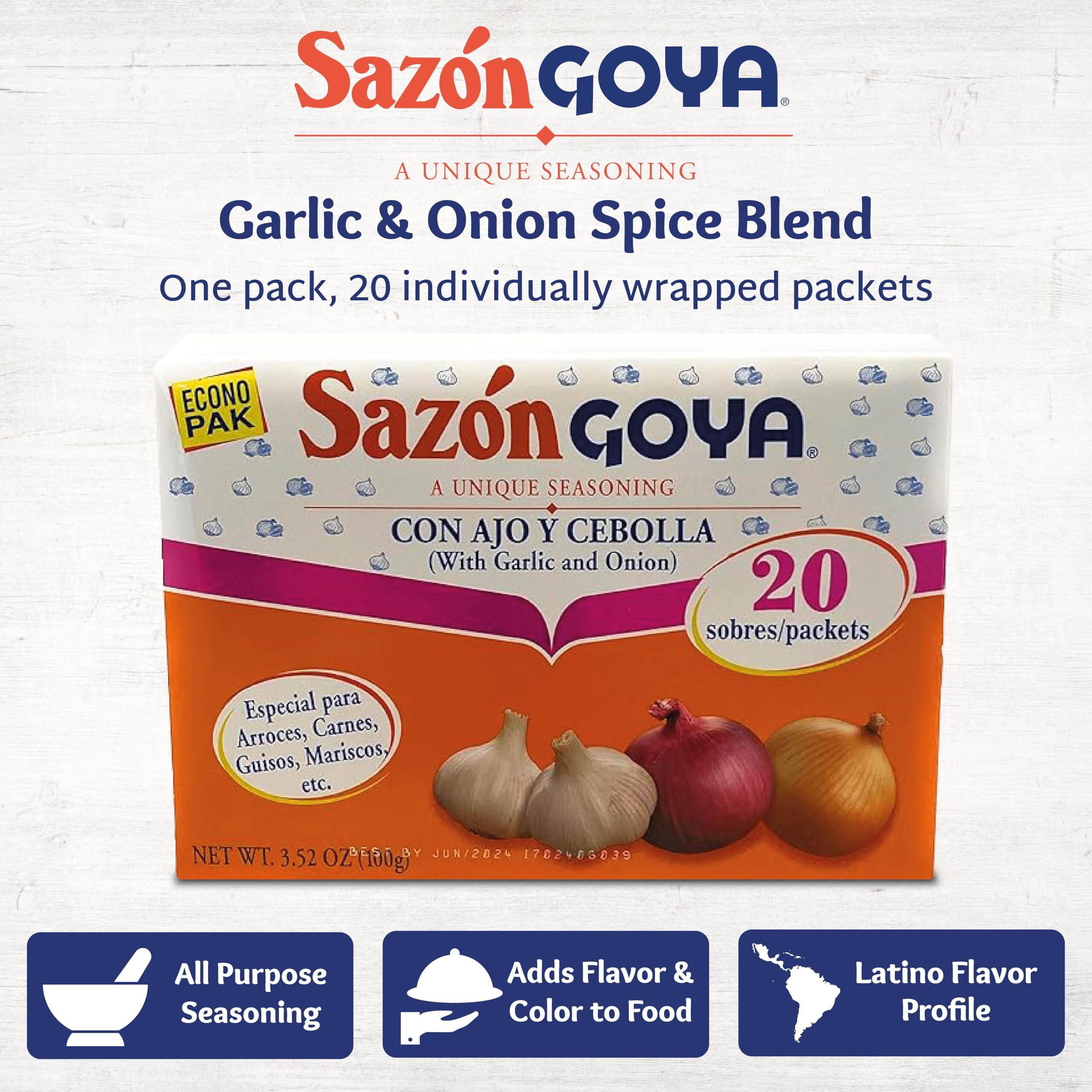 Saz  N With Garlic And Onion By Goya, Latin Spice Blend For Poultry, Seafood, Meat And Vegetables, All Purpose Mexican Seasoning, 3.52Oz Carton