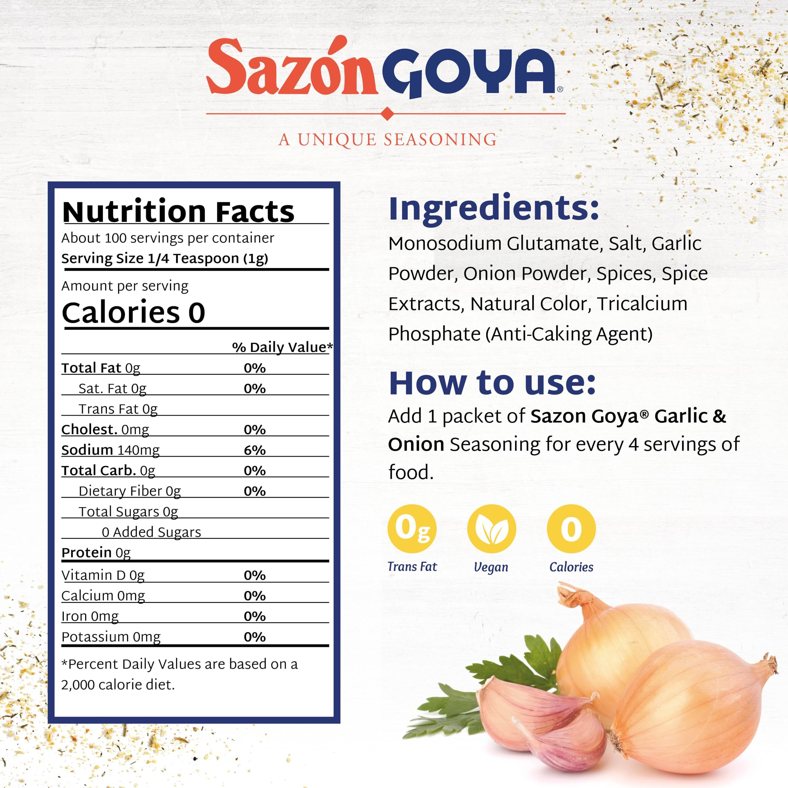 Saz  N With Garlic And Onion By Goya, Latin Spice Blend For Poultry, Seafood, Meat And Vegetables, All Purpose Mexican Seasoning, 3.52Oz Carton