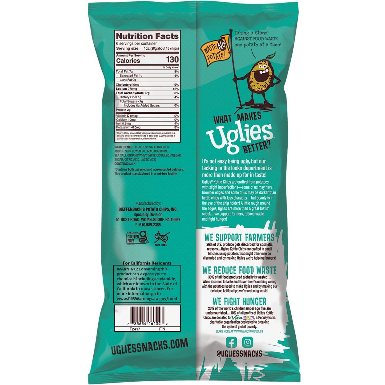 Uglies Kettle-Cooked Potato Chips, Gluten-Free Snacks, Kosher-Friendly, Non-Gmo Snacks For Kids Or Office, Lunch Snacks, Individual Snack Packs, Salt And Vinegar Potato Chips, 6 Oz. Each, Pack Of 4