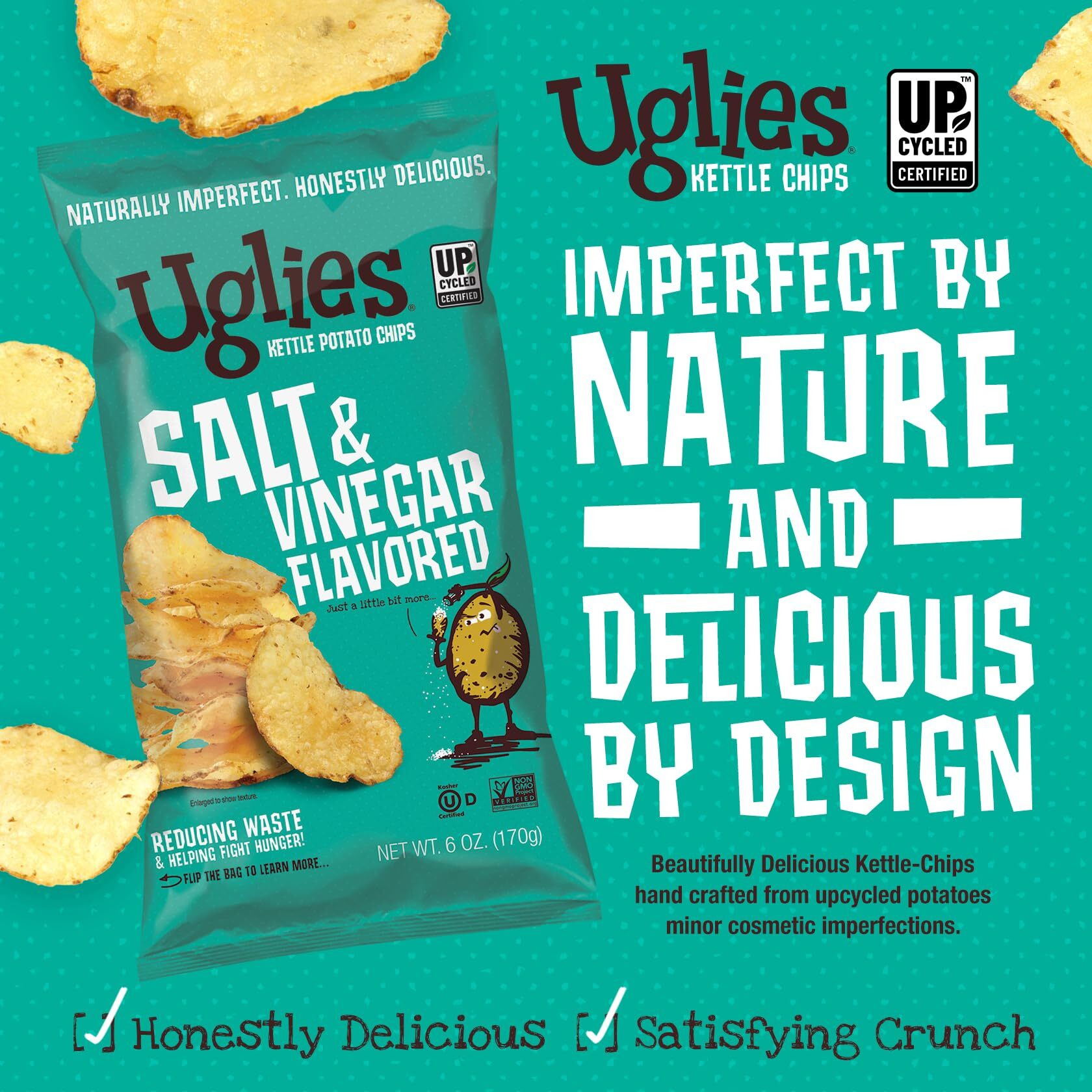 Uglies Kettle-Cooked Potato Chips, Gluten-Free Snacks, Kosher-Friendly, Non-Gmo Snacks For Kids Or Office, Lunch Snacks, Individual Snack Packs, Salt And Vinegar Potato Chips, 6 Oz. Each, Pack Of 4