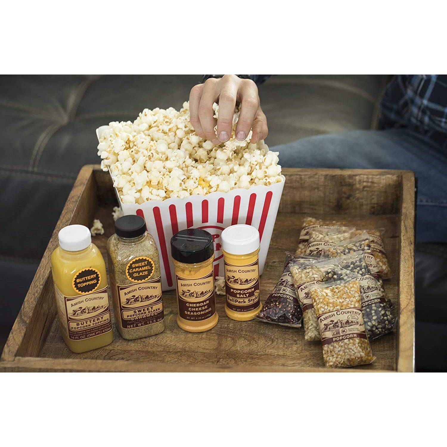 Amish Country Popcorn | 8-4 Ounce Variety Gift Set With Buttery Topping, Sweet Caramel Glaze, Ballpark Salt & Cheddar Cheese Seasoning | Old Fashioned, Non-Gmo And Gluten Free