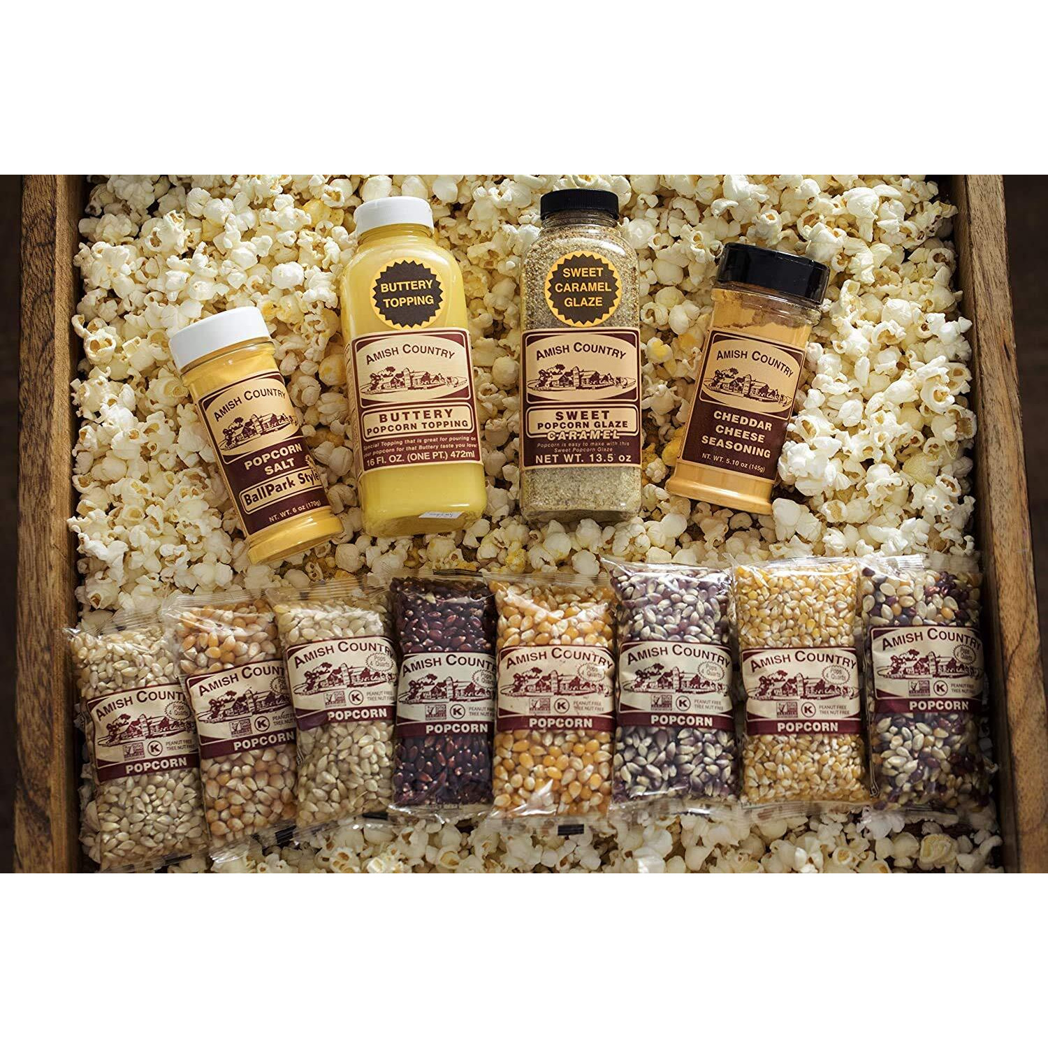 Amish Country Popcorn | 8-4 Ounce Variety Gift Set With Buttery Topping, Sweet Caramel Glaze, Ballpark Salt & Cheddar Cheese Seasoning | Old Fashioned, Non-Gmo And Gluten Free