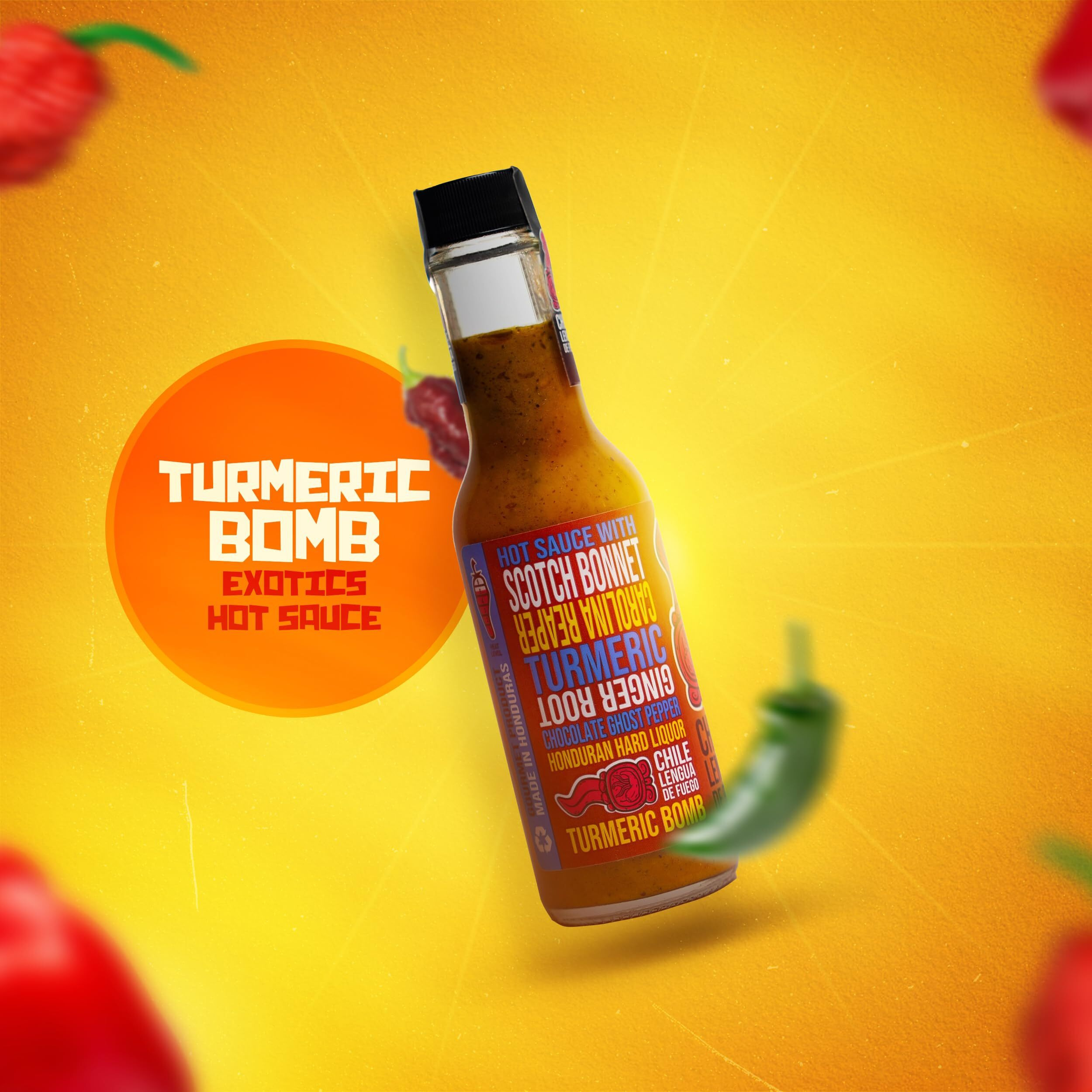 Turmeric Bomb Exotics Hot Sauce - Turmeric And Ginger Infused, With Olive Oil And Spirits El Sabros  N, 3.5/6 Heat Level, 5 Oz