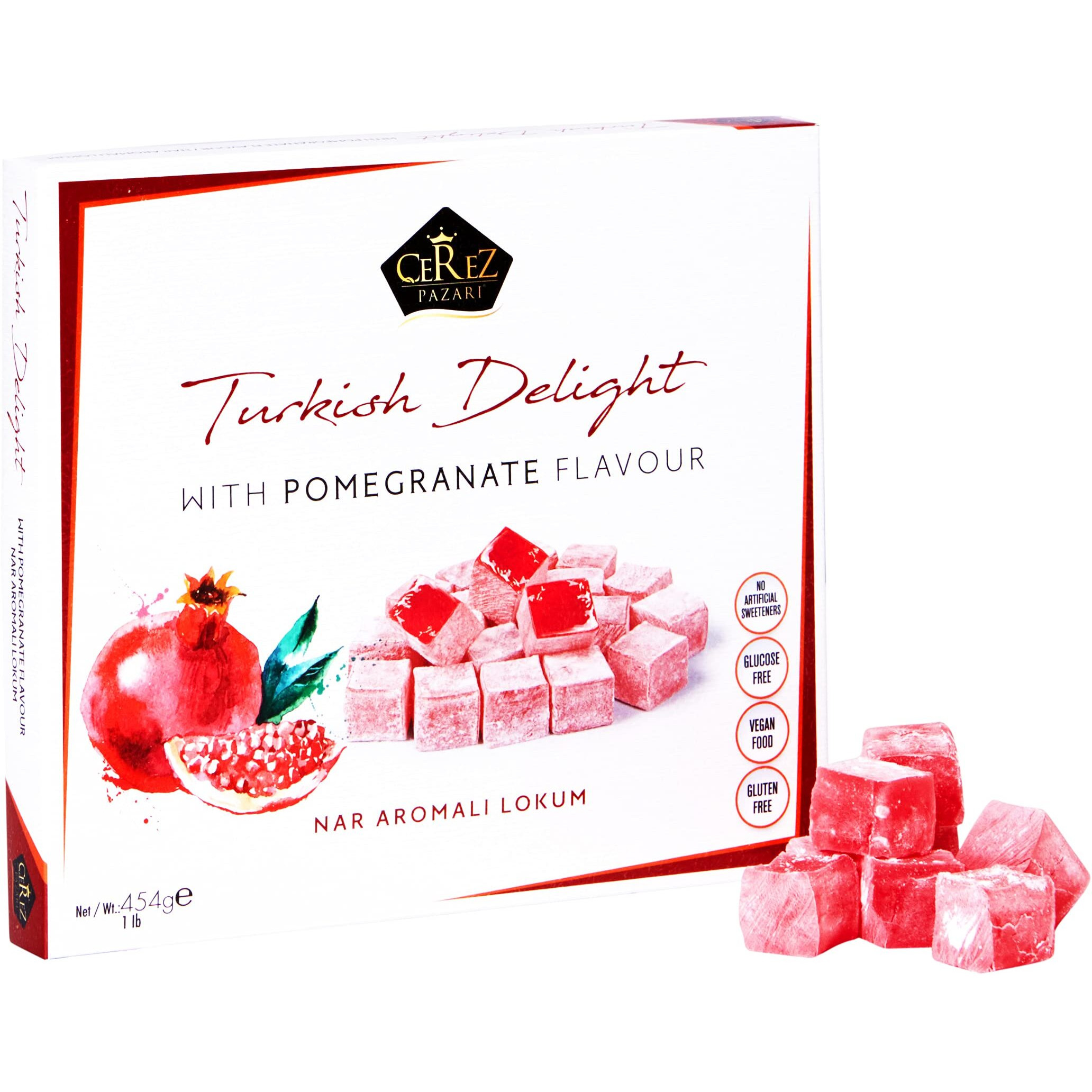 Turkish Delight With Pomegranate Flavor 16 Oz Gourmet Medium Size Snacks Gift Box | No Nuts Sweet Luxury Traditional Confectionery Vegan Soft Candy Dessert Glucose Free Lokum (Loukoumi) Approx.42 Pcs