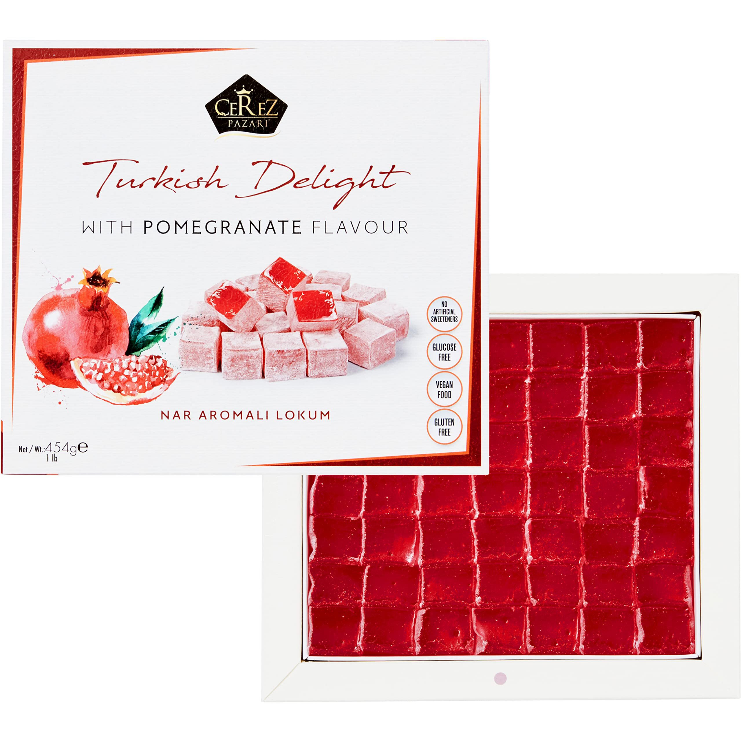 Turkish Delight With Pomegranate Flavor 16 Oz Gourmet Medium Size Snacks Gift Box | No Nuts Sweet Luxury Traditional Confectionery Vegan Soft Candy Dessert Glucose Free Lokum (Loukoumi) Approx.42 Pcs