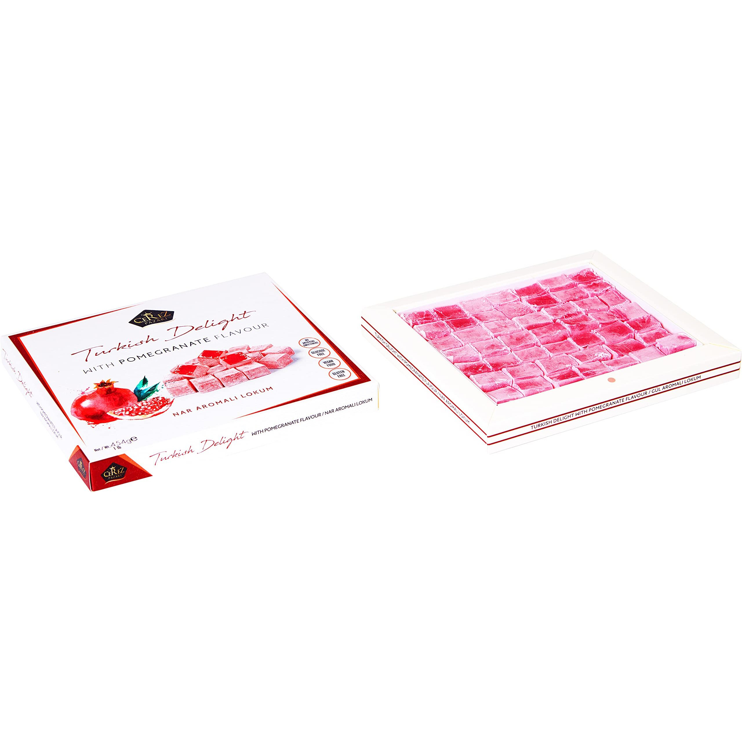 Turkish Delight With Pomegranate Flavor 16 Oz Gourmet Medium Size Snacks Gift Box | No Nuts Sweet Luxury Traditional Confectionery Vegan Soft Candy Dessert Glucose Free Lokum (Loukoumi) Approx.42 Pcs