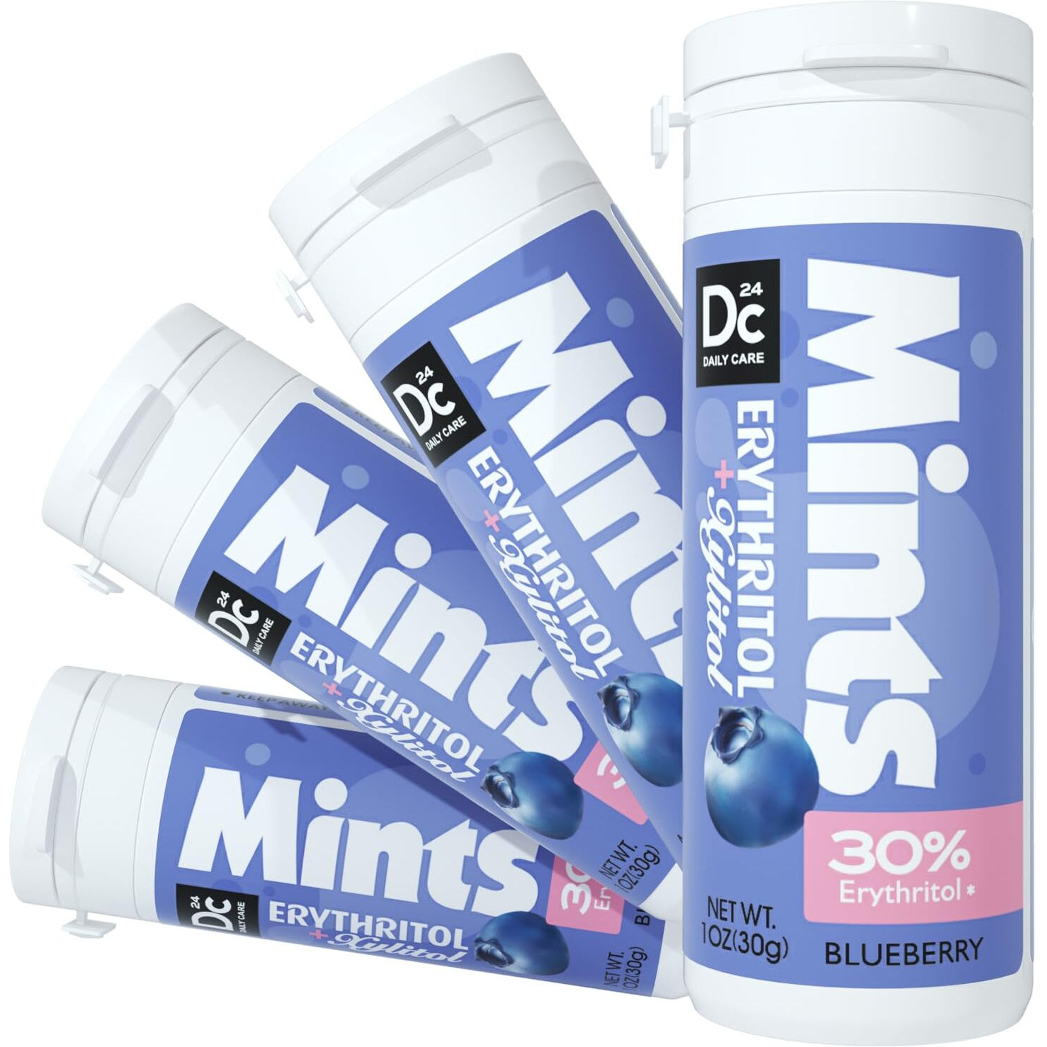 Dc24 Daily Care Xylitol Erythritol Mints, No Aspartame Sugar Free Hard Candy, Low-Calorie, Dry Mouth Drops Keto Blueberry 30 Pieces (Pack Of 4)