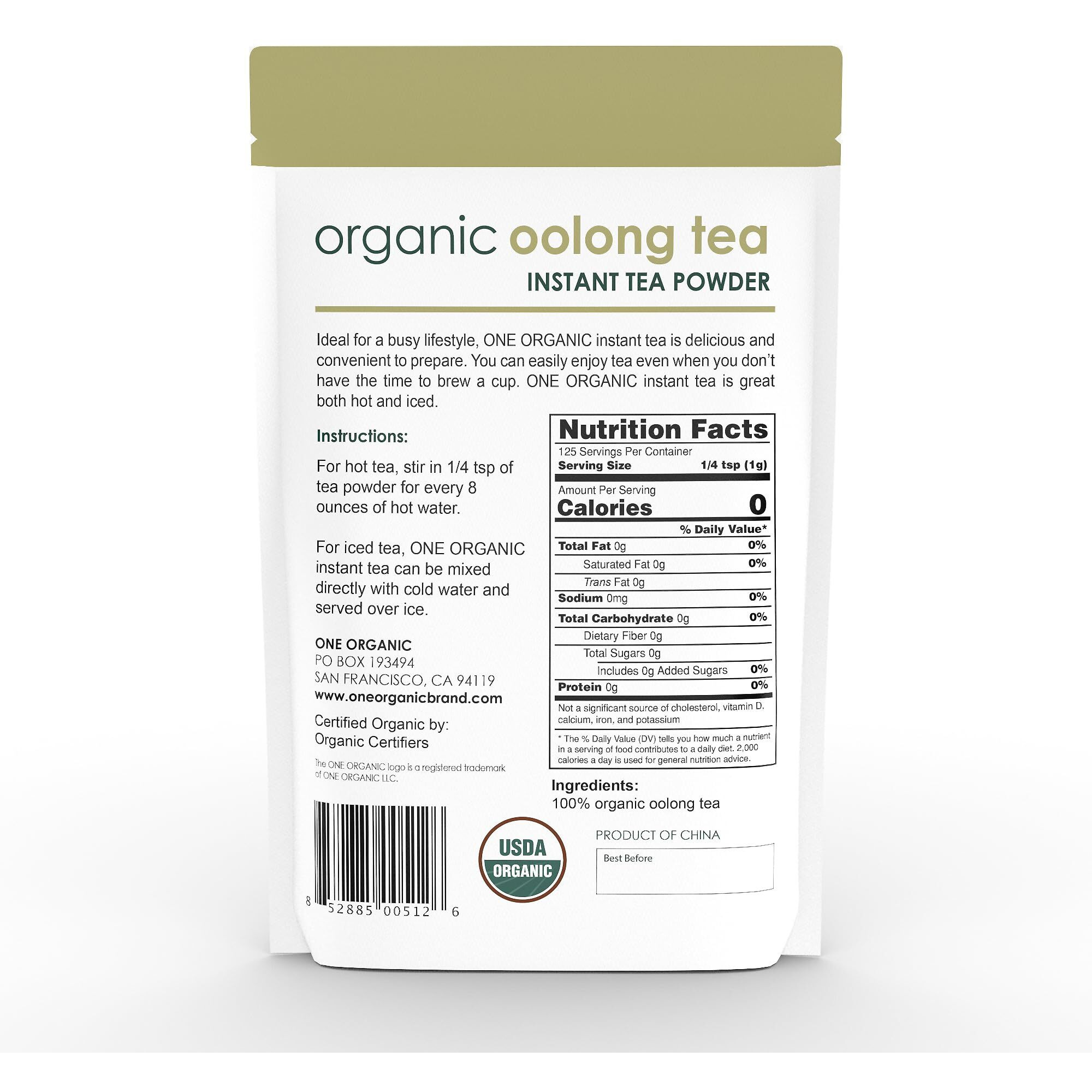 One Organic Instant Tea Powder (Oolong) - 4.4 Oz. - 125 Servings - Usda Certified Organic - 100% Pure Tea - Instant Hot Or Iced Tea - Unsweetened
