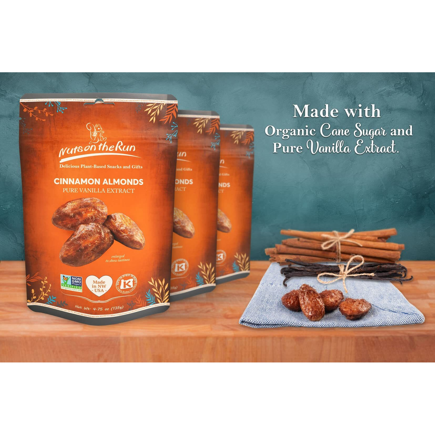 Cinnamon Almonds - Vegan, Kosher, Gluten-Free, Gmo-Free - 4.75Oz (Pack Of 3 Bags), Satisfaction Guarantee, Vegan