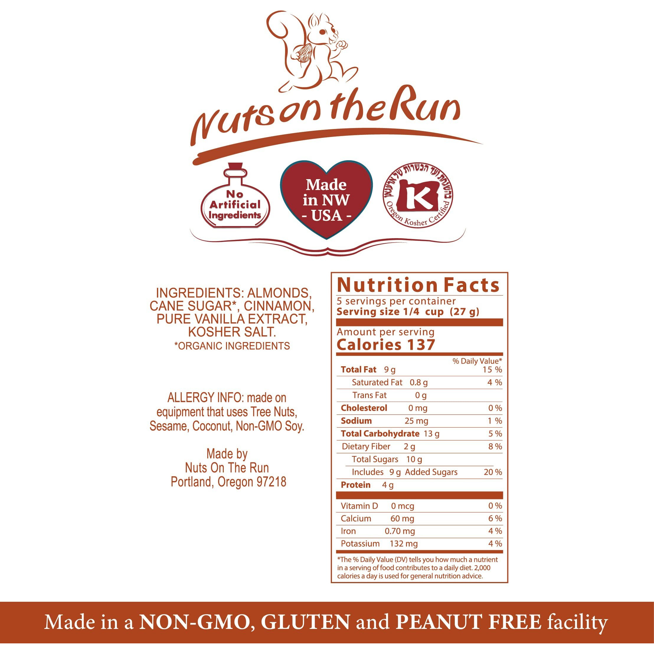 Cinnamon Almonds - Vegan, Kosher, Gluten-Free, Gmo-Free - 4.75Oz (Pack Of 3 Bags), Satisfaction Guarantee, Vegan