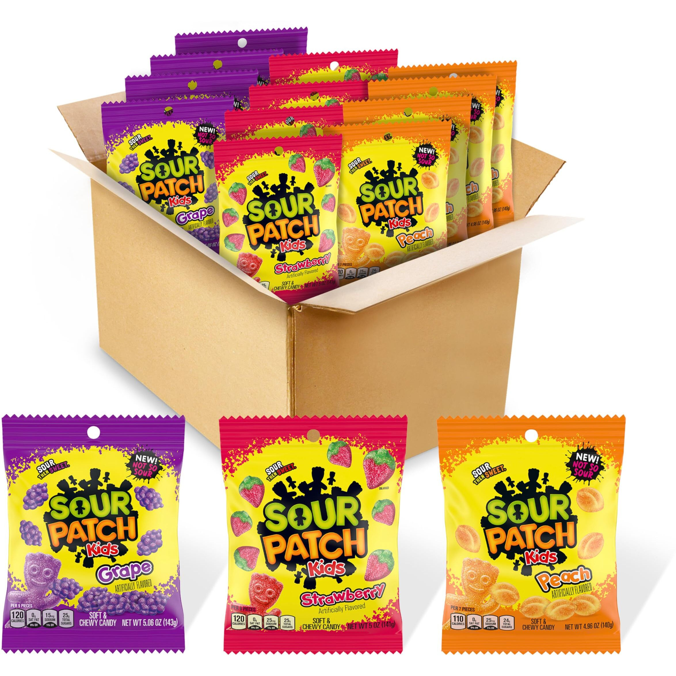 Sour Patch Kids Fruit Flavors Soft & Chewy Candy Variety Pack, Peach, Grape, Strawberry, 12 Bags
