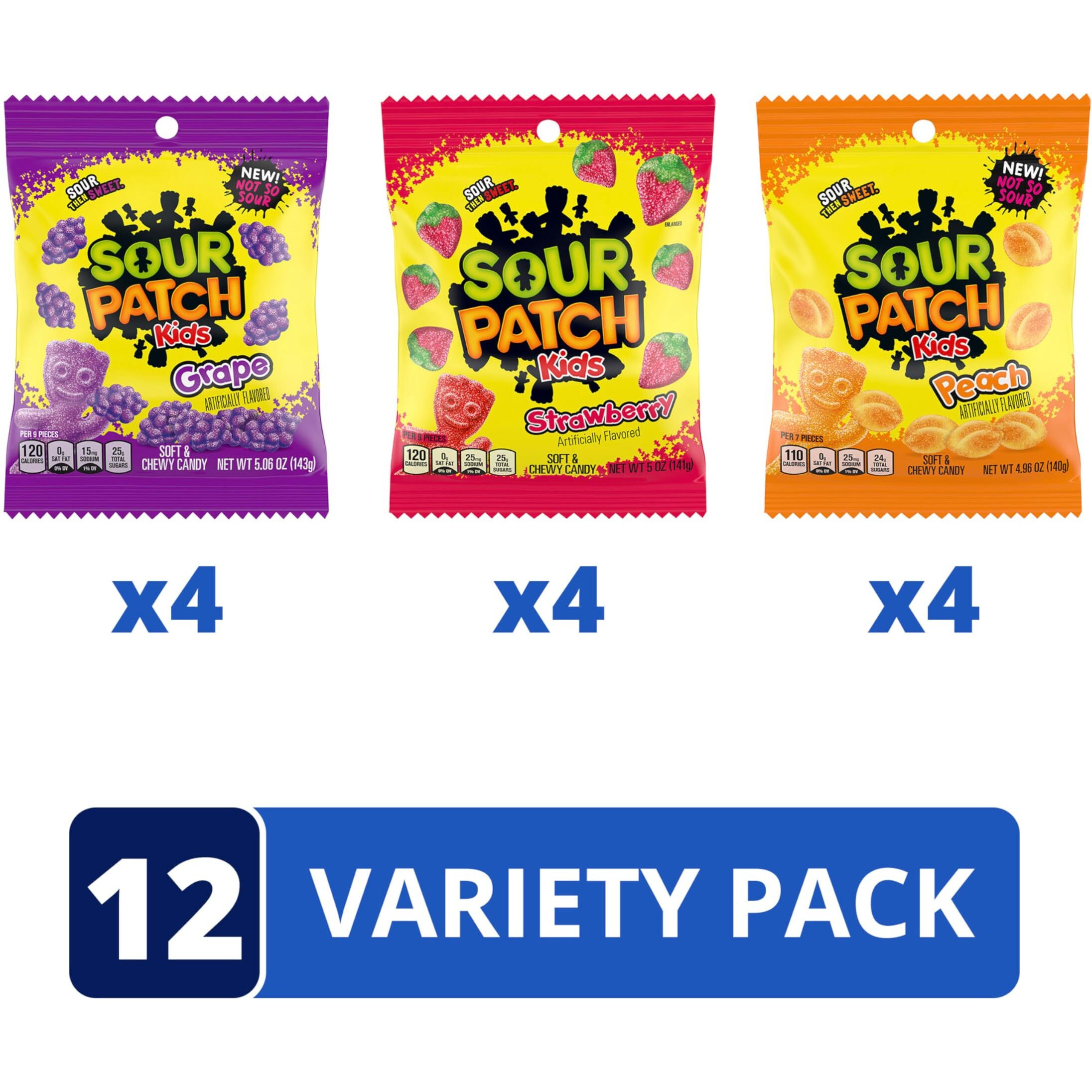 Sour Patch Kids Fruit Flavors Soft & Chewy Candy Variety Pack, Peach, Grape, Strawberry, 12 Bags