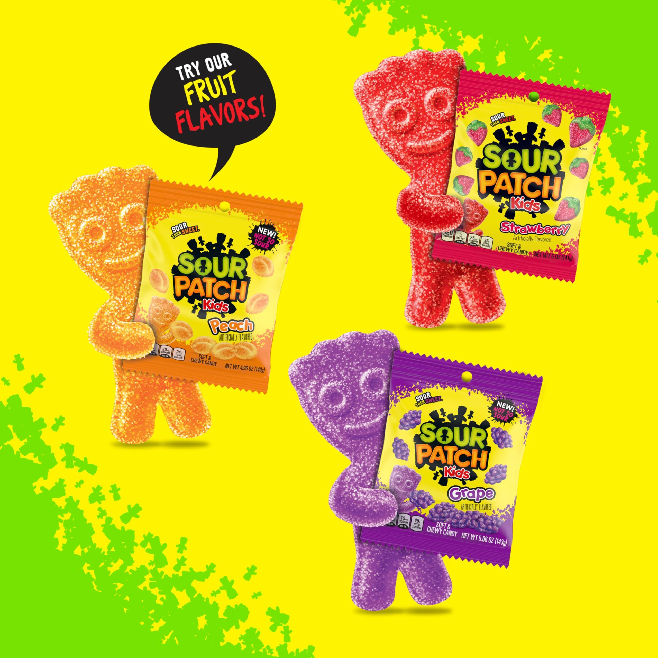 Sour Patch Kids Fruit Flavors Soft & Chewy Candy Variety Pack, Peach, Grape, Strawberry, 12 Bags