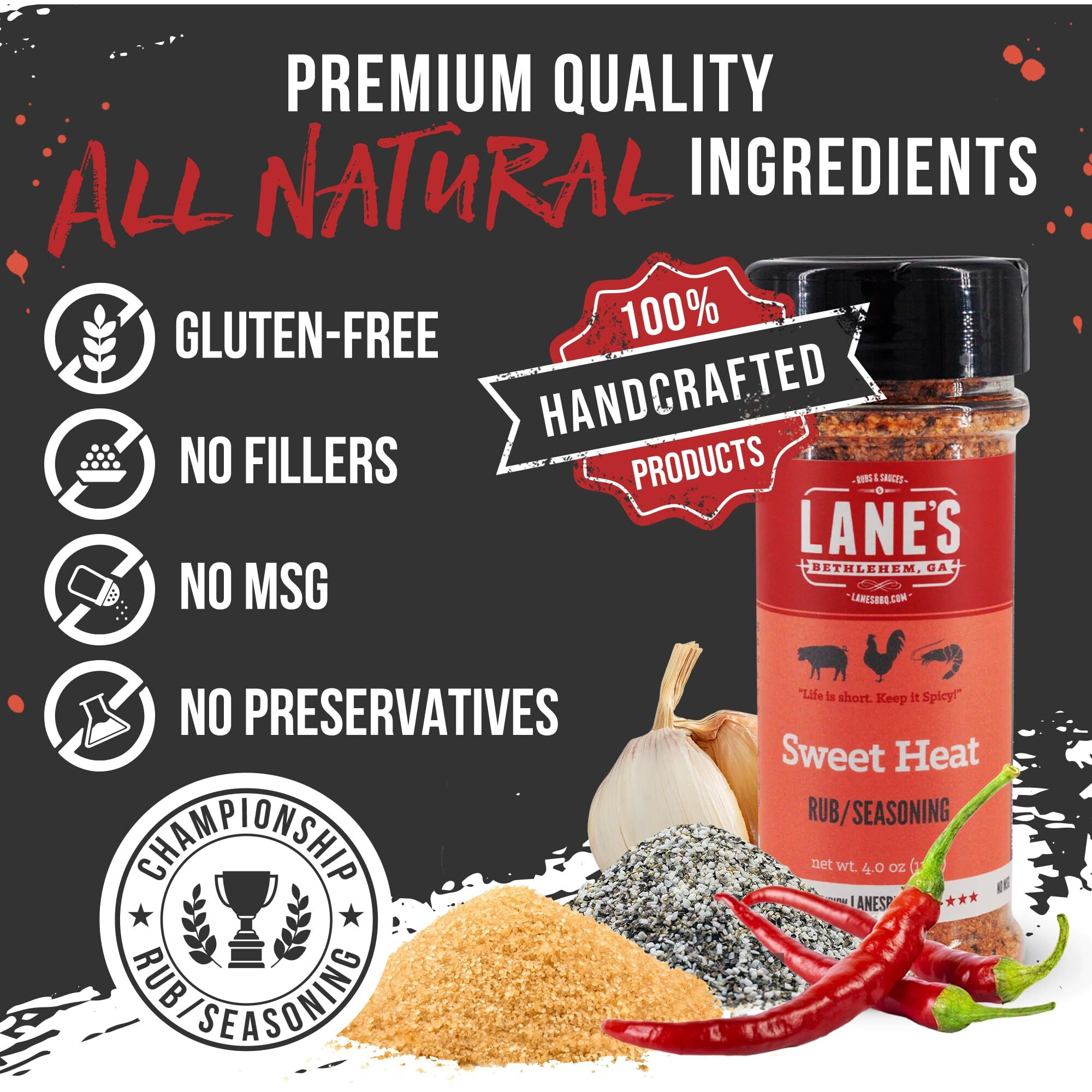 Lane's Sweet Heat Rub Seasoning, All-Natural Bbq Brisket Rub Goes Well With Butt Rub Seasoning, No Msg Brisket Seasoning &, Made In Usa, 4.0 Oz