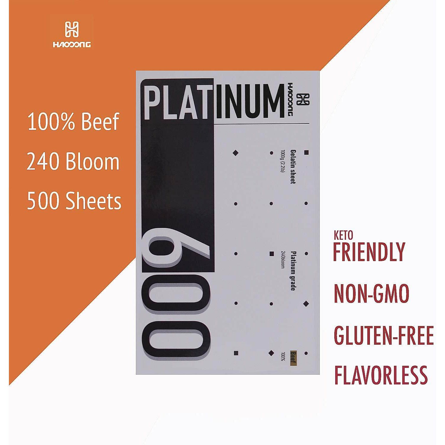 Haodong Beef Platinum Leaf Gelatin Sheets - 1Kg/2.2Lbs (450-500 Sheets) 240Bloom Gelatin Leaves For Mousse Mirror Glaze Cream Cake Dessert Jellies