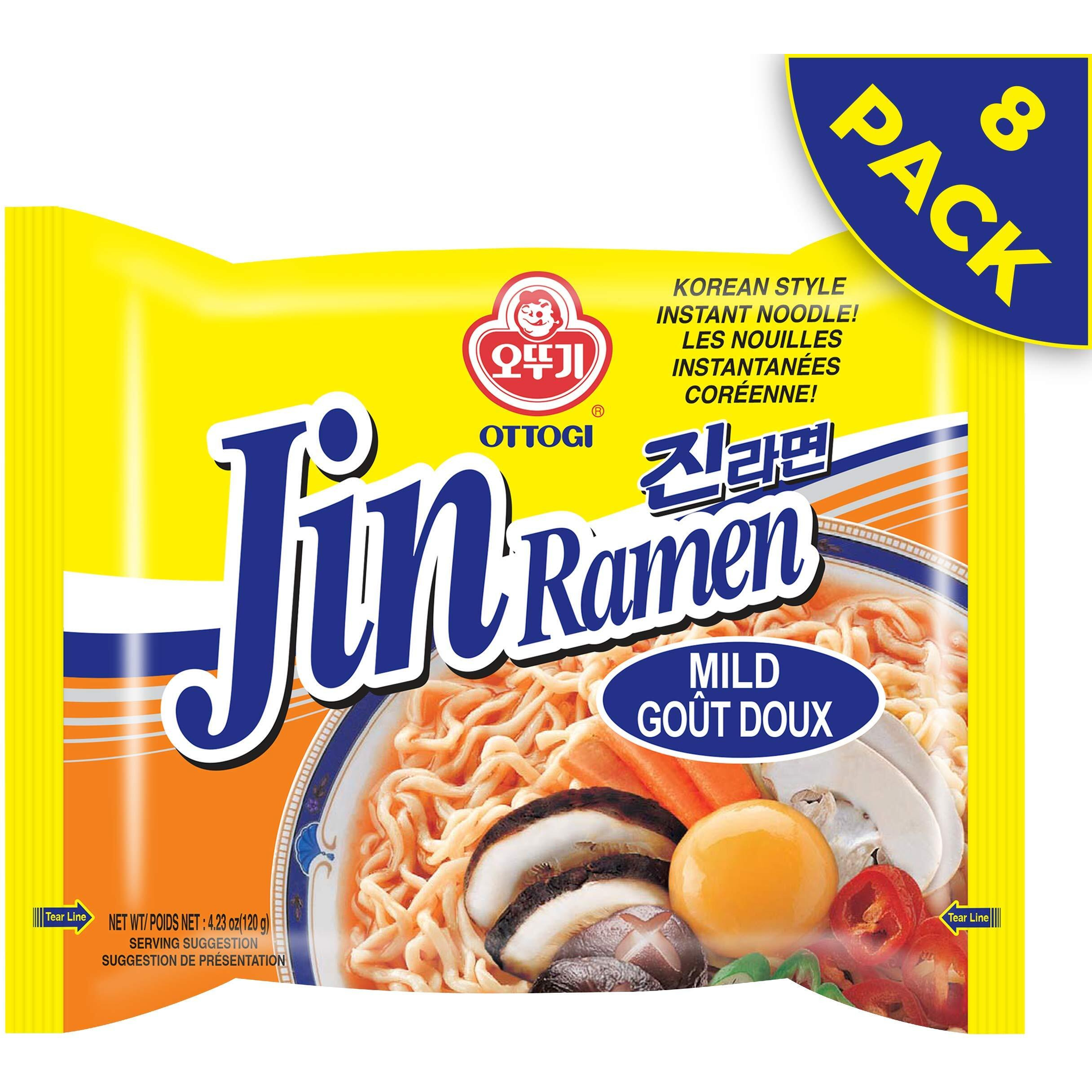 Ottogi Jin Ramen Mild - Korean Instant Noodle, Best Tasting Soup And Noodles, Traditional Instant Ramen Noodles 4.23Oz X 8 Pack