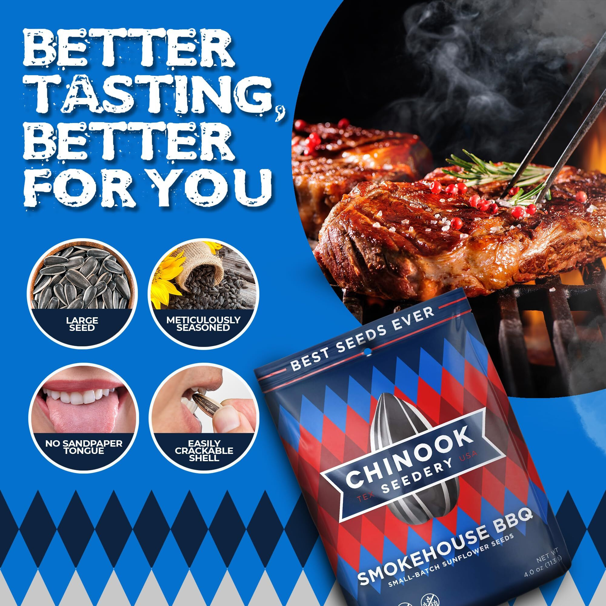 Chinook Seedery Roasted Sunflower Seeds - Jumbo Seeds Keto Snacks - Best For Snack Packs - Gluten Free, Non Gmo Snack Food Gifts - 4 Ounce (Pack Of 3) - Smokehouse Bbq Flavor Pack