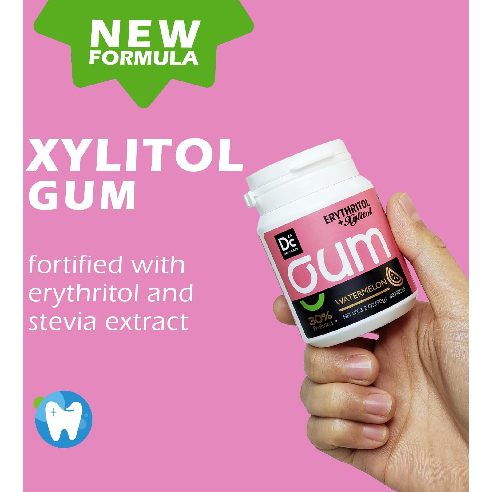 Dc24 Daily Care Xylitol Chewing Gum With Erythritol, Aspartame Free & Sugar Free Gum For Dry Mouth, Low-Calorie, Sugarless, Watermelon, 60-Piece Pack, 4 Packs