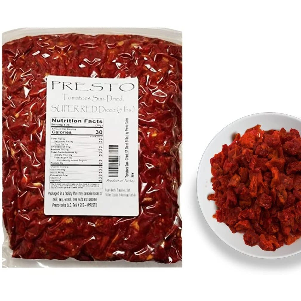 Tomatoes Sun-Dried, Super Red Diced Cut, Ready To Eat Vegetables | Produced From Fresh Field-Grown Tomatoes, Cut Into Diced Cut | Nutrient Full, Delightful, Flavorful, Vegan, Guilt-Free, Pure | Turkish, 5 Lbs. (80 Oz.) Vacuum Packed By Presto Sales Llc