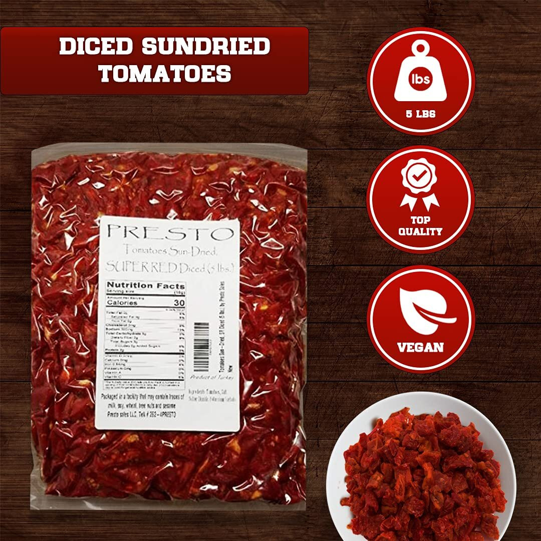 Tomatoes Sun-Dried, Super Red Diced Cut, Ready To Eat Vegetables | Produced From Fresh Field-Grown Tomatoes, Cut Into Diced Cut | Nutrient Full, Delightful, Flavorful, Vegan, Guilt-Free, Pure | Turkish, 5 Lbs. (80 Oz.) Vacuum Packed By Presto Sales Llc