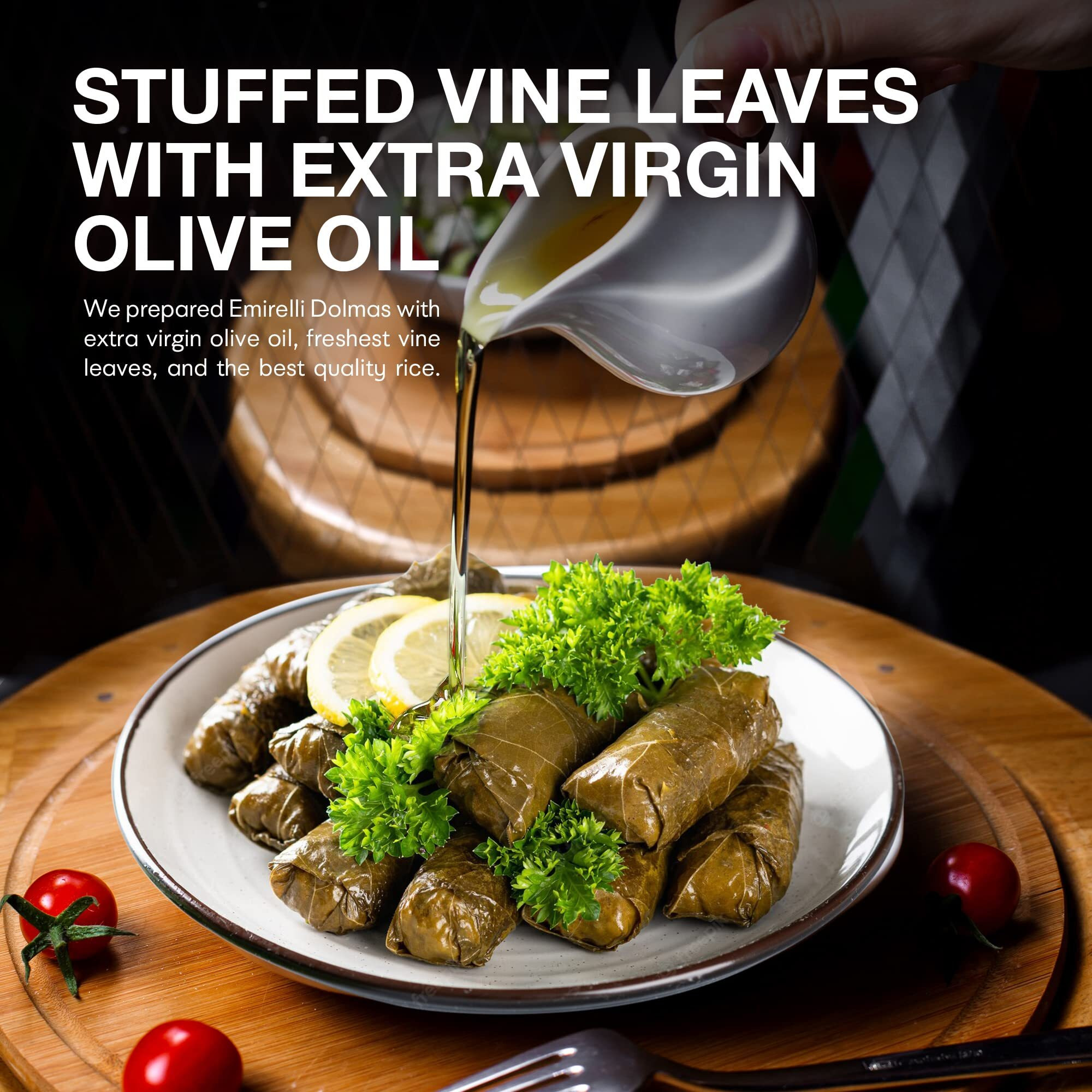 Emirelli Dolmas Stuffed Grape Leaves With Rice, Mediterranean Herbs In Extra Virgin Olive Oil - Super Tasty Ready To Eat Vegan Rolls - Traditional Turkish Recipe - Dolmades Can