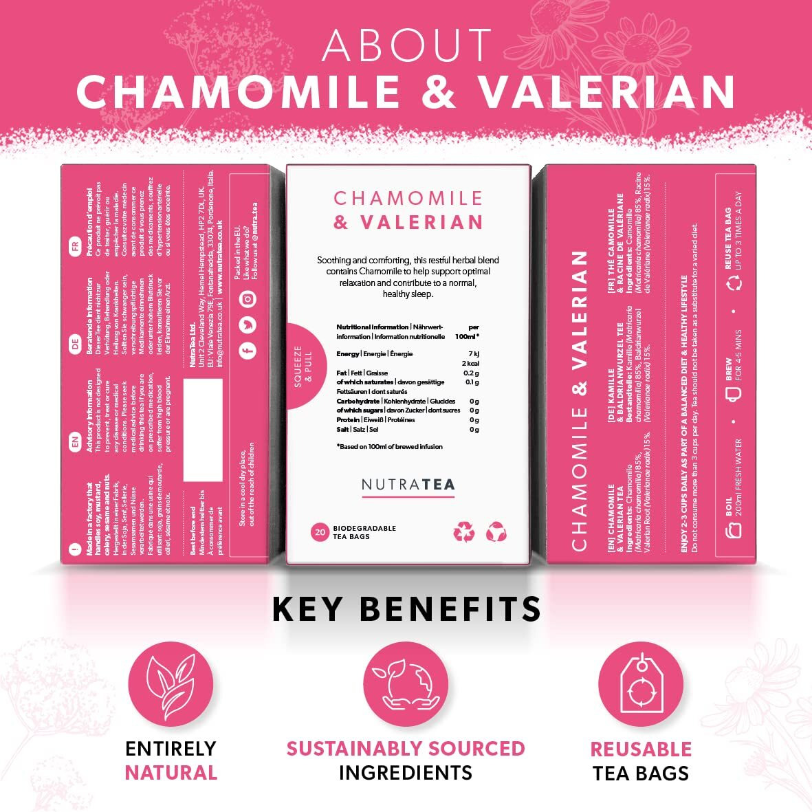 Nutratea - Chamomile & Valerian Tea | Valerian Root Tea - Bedtime Tea | Sleep Tea | Night Time Tea - 20 Tea Bags - Herbal Tea