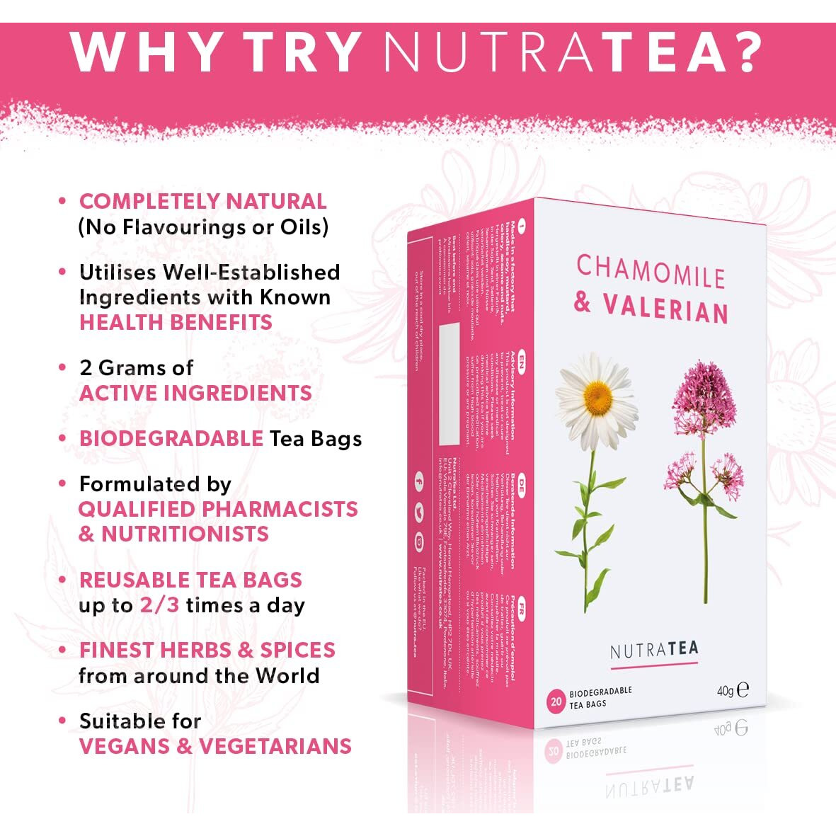 Nutratea - Chamomile & Valerian Tea | Valerian Root Tea - Bedtime Tea | Sleep Tea | Night Time Tea - 20 Tea Bags - Herbal Tea