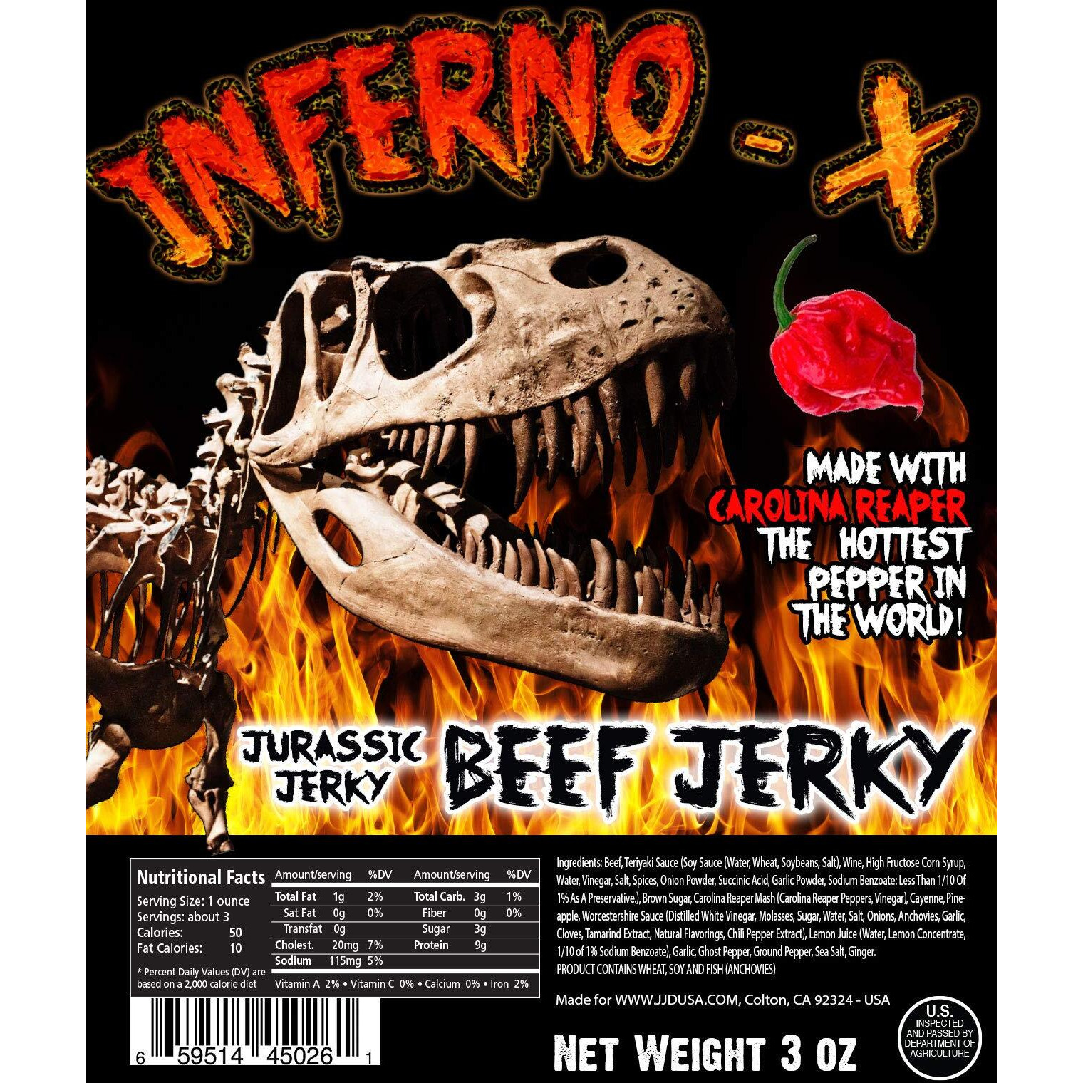 Inferno X Carolina Reaper Beef Jerky - With Jurassic Jerkys Special Blend Of Spices And The Famous Carolina Reaper Pepper, The Worlds Hottest Pepper Amazing Taste, Msg-Free, No Preservatives Meat Snack. Can You Handle The Heat (1)-3Oz Bag