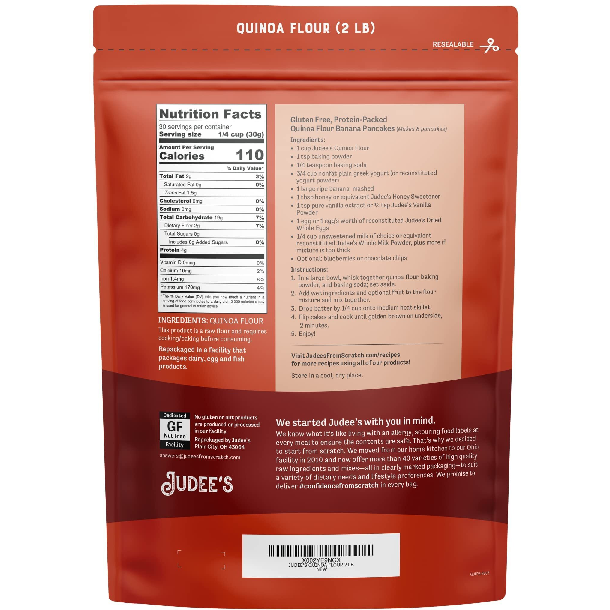 Judee's Quinoa Flour 2 Lb - Made In Usa, Non-Gmo, Vegan - Great For Making Pancakes, Muffins, Pie Crusts, Quiches, And Breads - Made In A Dedicated Gluten-Free Facility