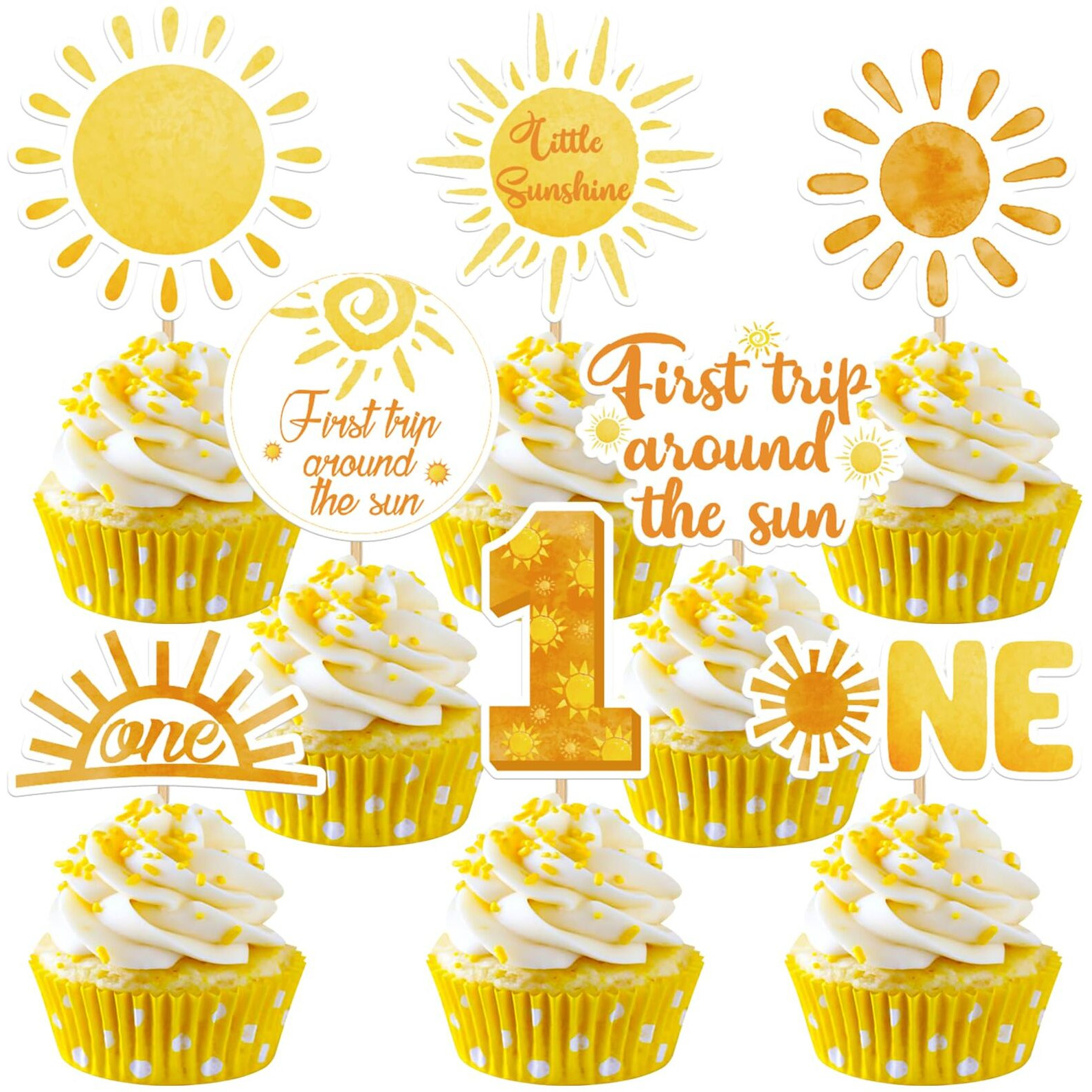 Weecent 48 Pcs First Trip Around The Sun Cake Topper, Sunshine Cupcake Toppers Sun Cupcake Toppers 1St Birthday Decorations For Girls 1St Trip Around The Sun Birthday Party Supplies