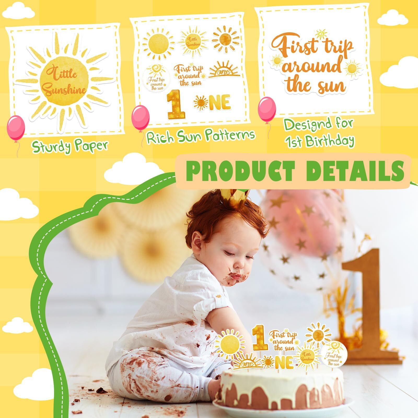 Weecent 48 Pcs First Trip Around The Sun Cake Topper, Sunshine Cupcake Toppers Sun Cupcake Toppers 1St Birthday Decorations For Girls 1St Trip Around The Sun Birthday Party Supplies