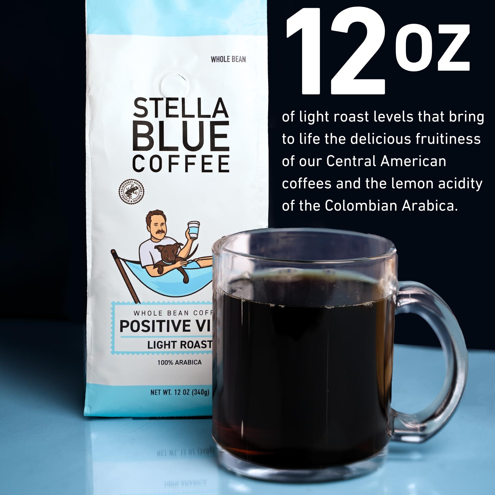 Stella Blue Fresh Whole Bean Coffee - Positive Vibes Blend - 100% Arabica Light Roast - Ethically & Sustainably Sourced From Central America - Helps Support Paws Chicago - 12 Ounce Bag