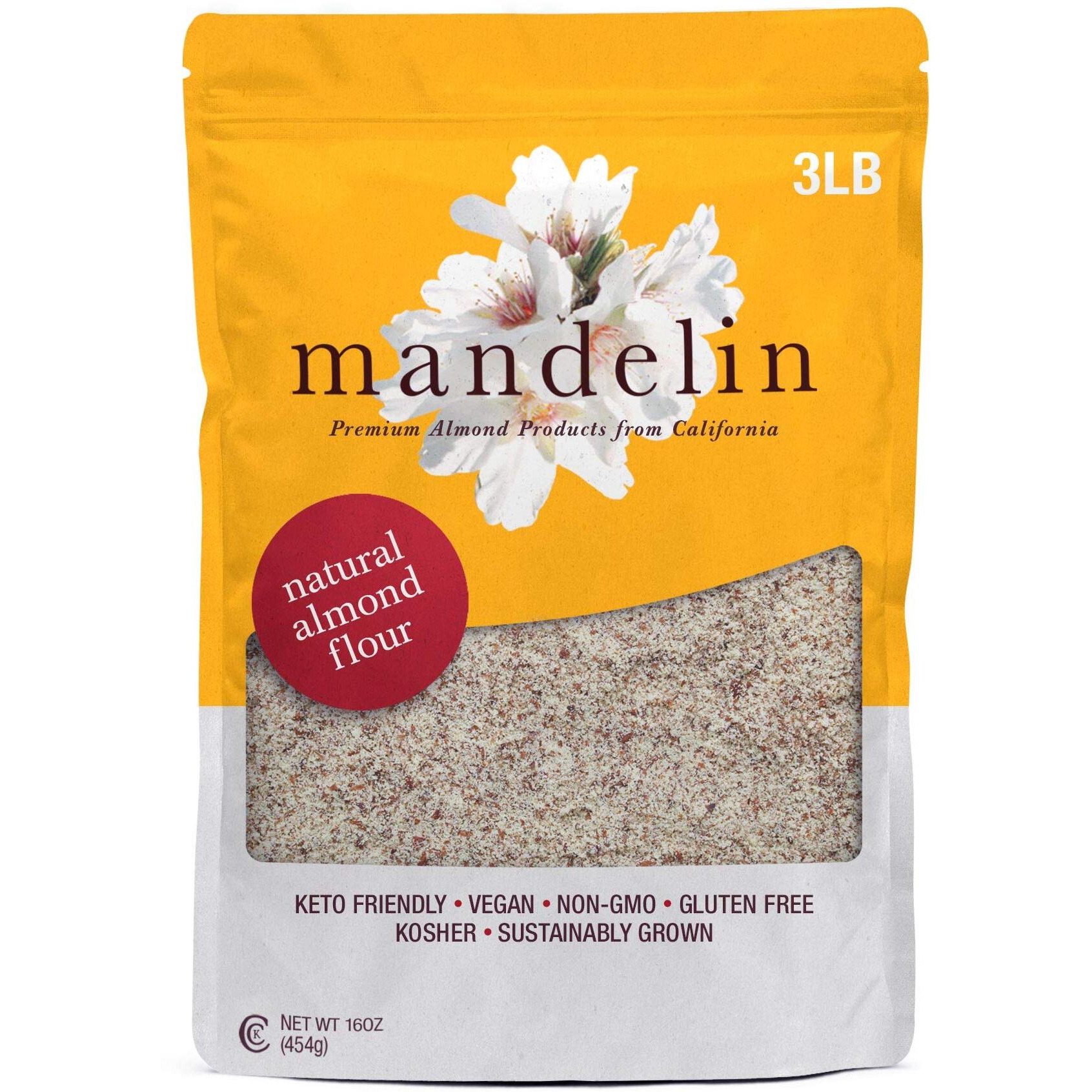 Mandelin Grower Direct Pure Natural Almond Flour With Skin (3 Lb), Non-Gmo, Gluten Free, Vegan, Keto, Plant Based Diet Friendly, Kosher For Passover, Every Batch Tested For Quality