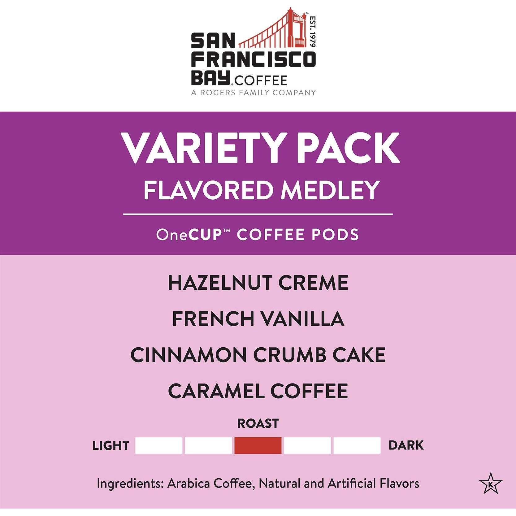 San Francisco Bay Compostable Coffee Pods - Variety Pack Flavored (40 Ct) K Cup Compatible Including Keurig 2.0, Hazelnut, Cinnamon, Caramel, Vanilla Flavored Coffee