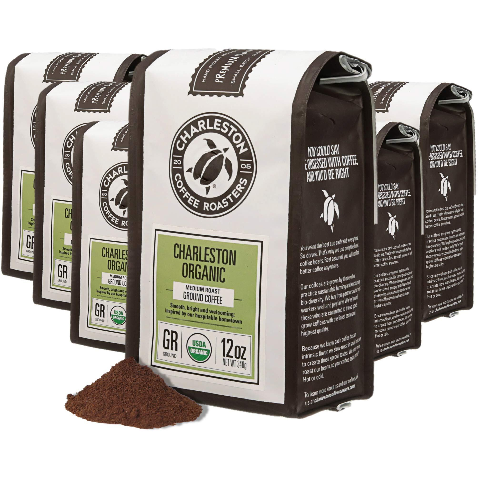 Charleston Coffee Roasters | Specialty Organic Ground Coffee | Hand Picked, Premium Slow Roast (Charleston Organic, Medium Roast) 12Oz, 6 Pack