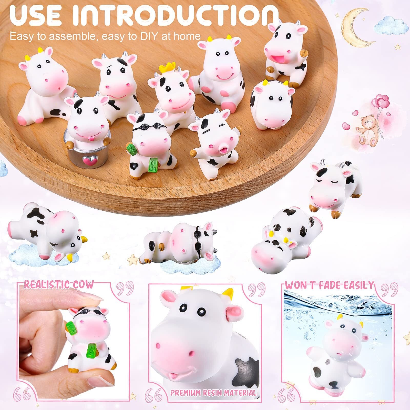 Blulu 14 Pieces Mini Cute Cow Animals Miniature Figurines Toys Cow Cake Toppers Resin Garden Miniature Moss Landscape Diy Terrarium Crafts Ornament For Cake Decoration Garden Home Party Decor