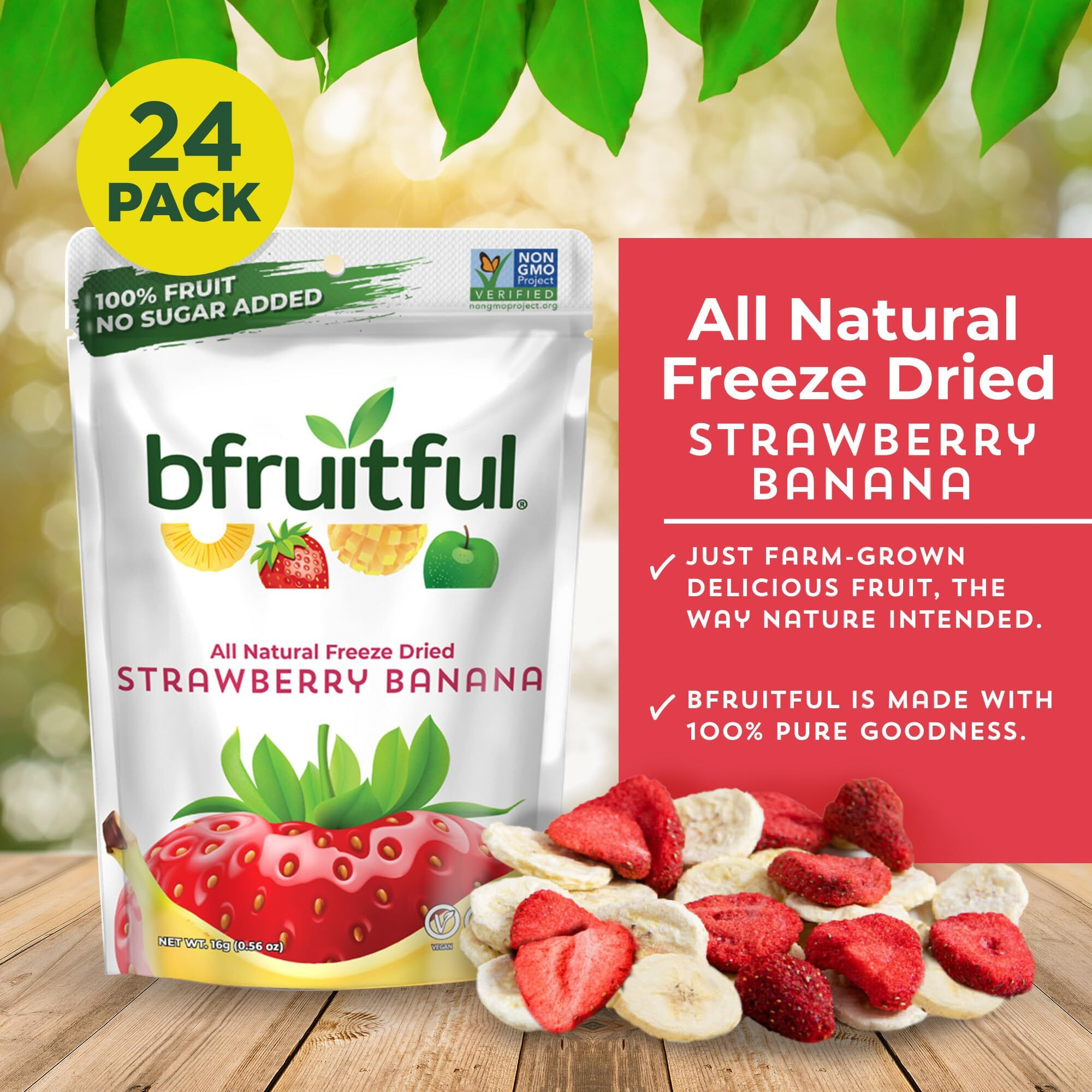 Bfruitful Freeze-Dried Strawberry Banana, Freeze Dried Fresh Fruit Bites, Gluten Free, Vegan, Dairy Free, Kosher, No Sugar Added, Non Gmo, Healthy Snacks For Kids Or Adults, Single Packs, 24 Pack