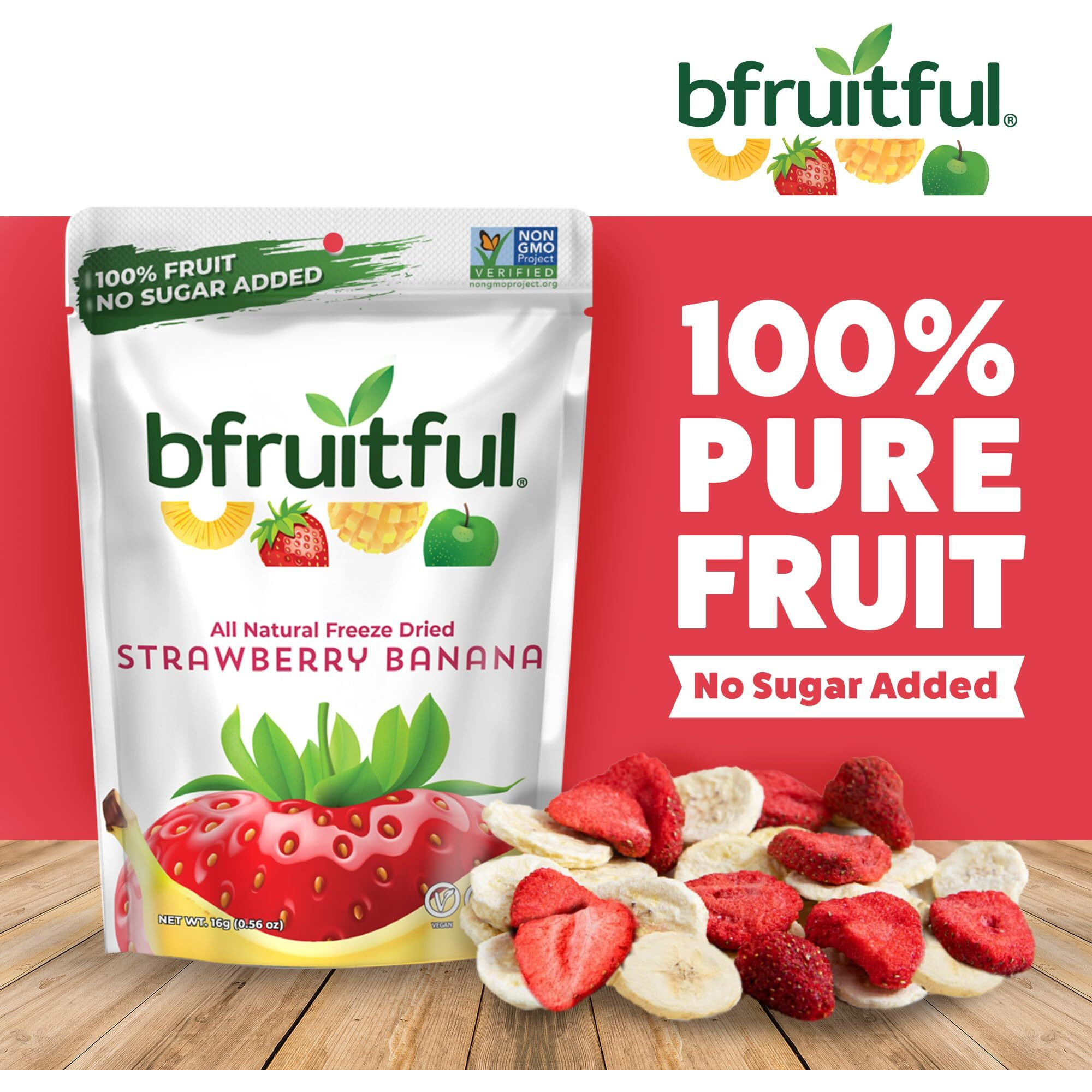 Bfruitful Freeze-Dried Strawberry Banana, Freeze Dried Fresh Fruit Bites, Gluten Free, Vegan, Dairy Free, Kosher, No Sugar Added, Non Gmo, Healthy Snacks For Kids Or Adults, Single Packs, 24 Pack