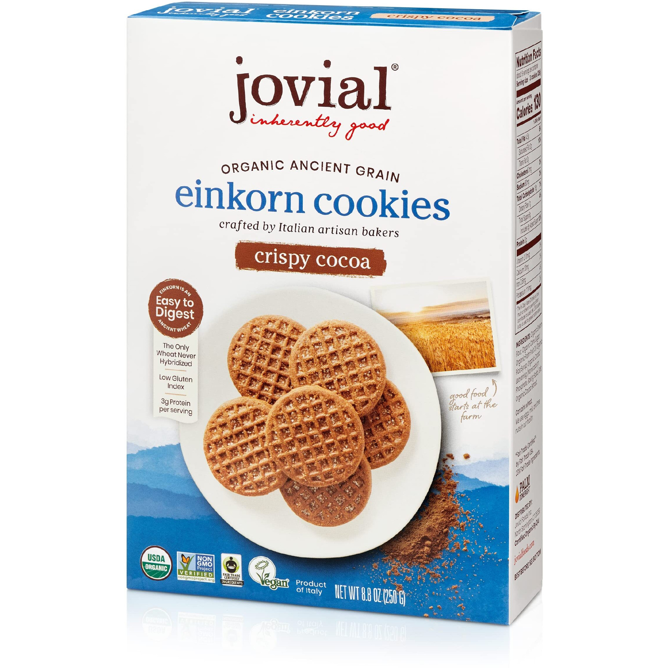 Jovial Organic Einkorn Crispy Cocoa Cookies - Organic Cookies, Vegan Cookies, High Protein, Fair Trade Certified, All Natural Ingredients, Low Carb, Low Sugar, Palm Done Right - 8.8 Oz