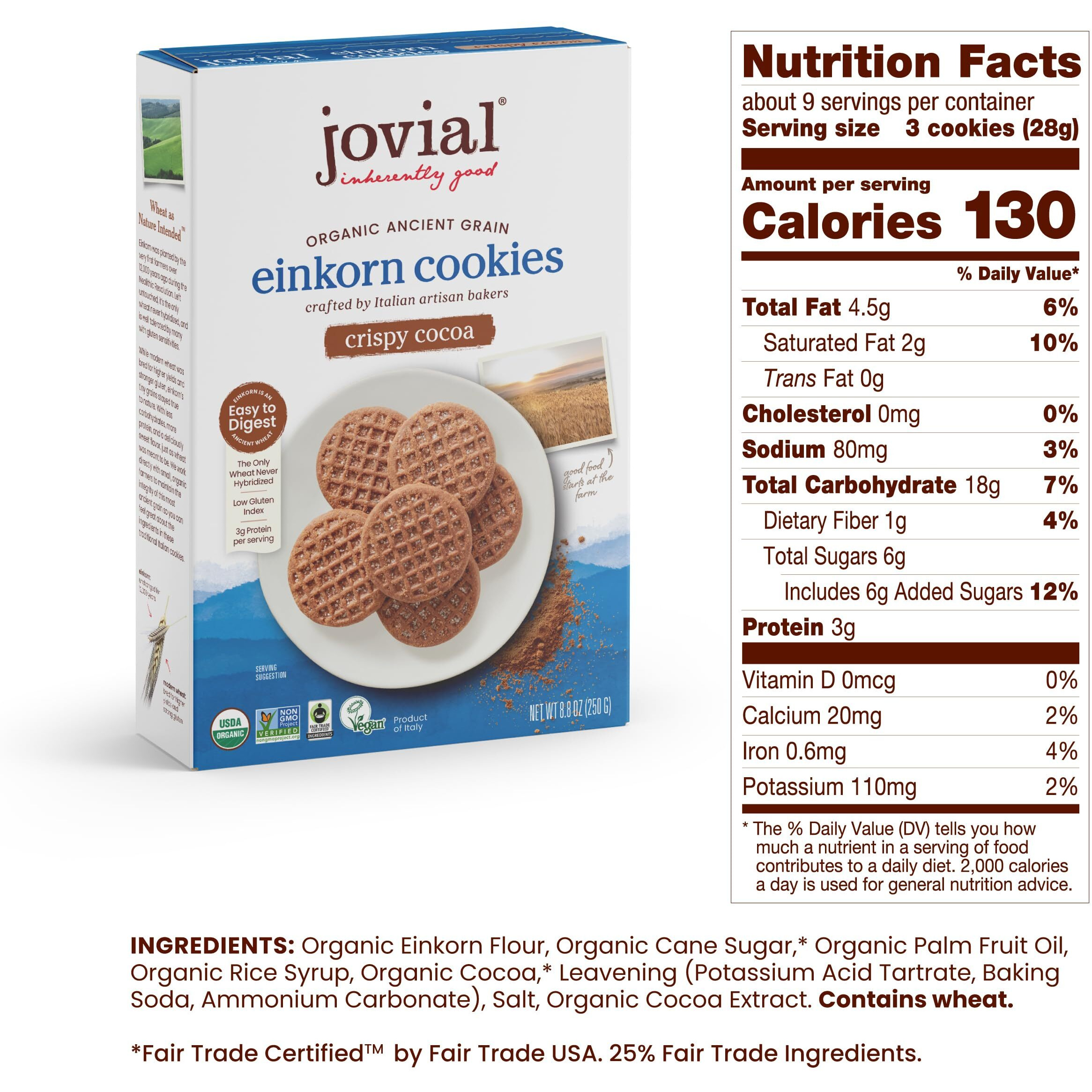 Jovial Organic Einkorn Crispy Cocoa Cookies - Organic Cookies, Vegan Cookies, High Protein, Fair Trade Certified, All Natural Ingredients, Low Carb, Low Sugar, Palm Done Right - 8.8 Oz