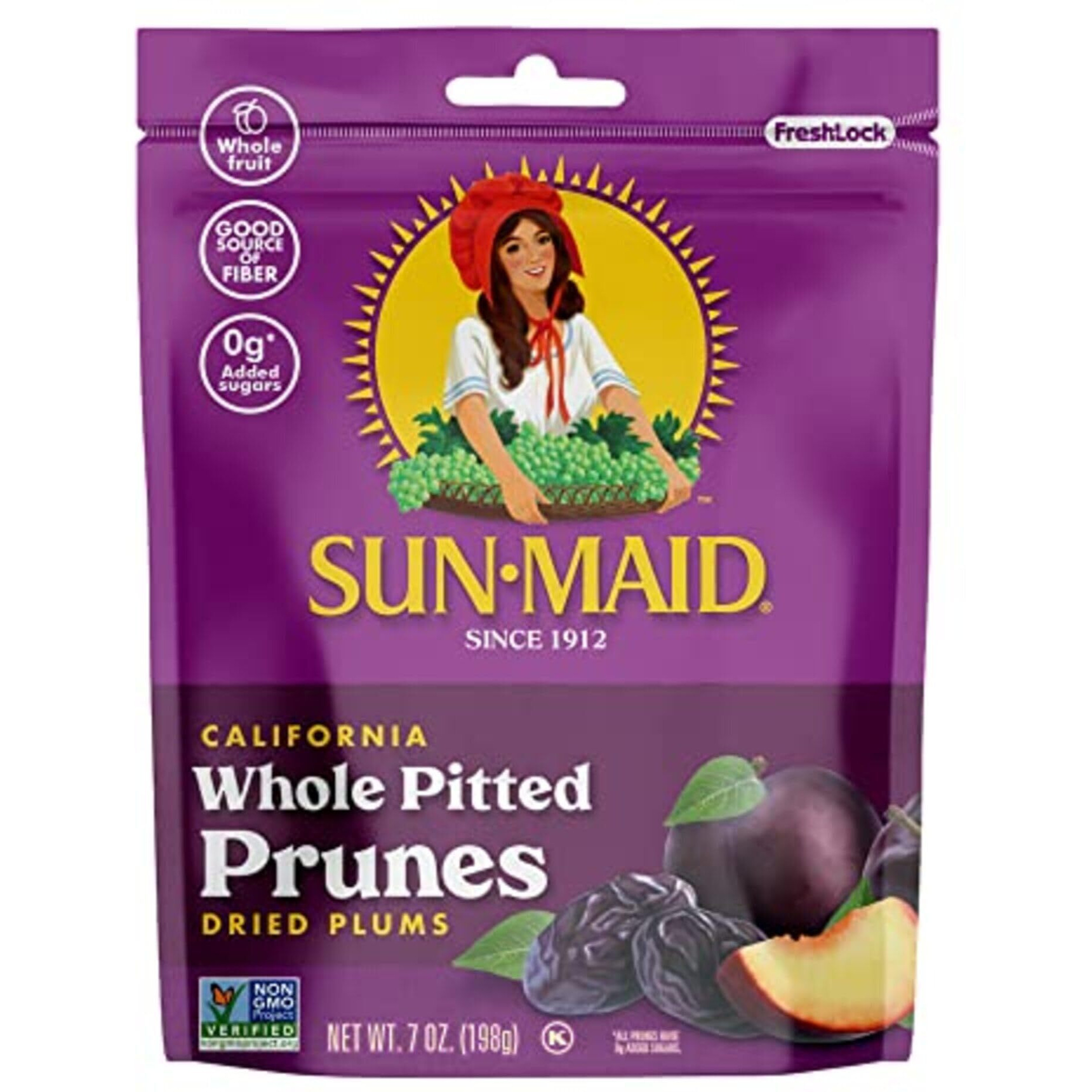 Sun-Maid California Sun-Dried Whole Pitted Prunes - (12 Pack) 7 Oz Resealable Bag - Dried Plums - Dried Fruit Snack For Lunches, Snacks, And Natural Sweeteners